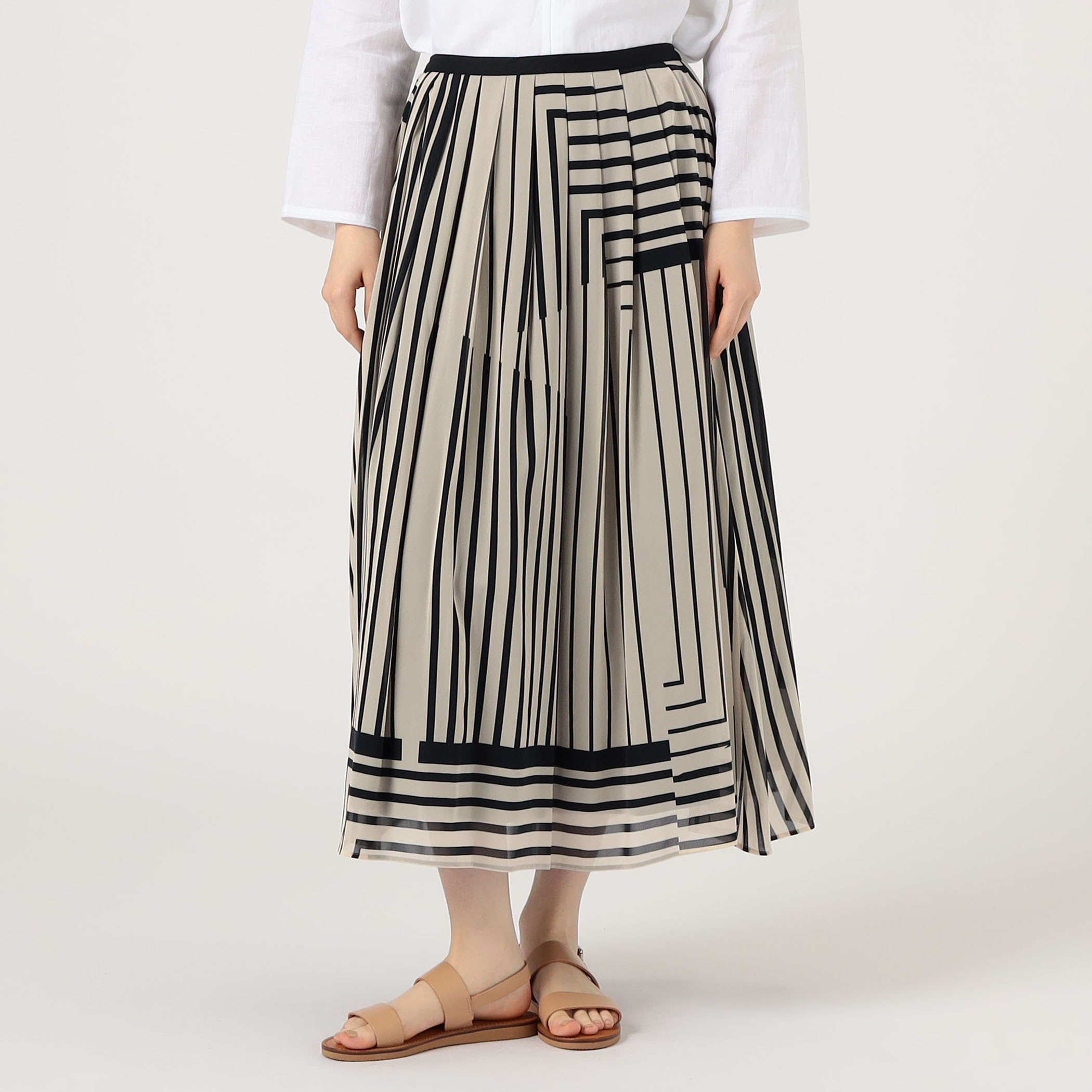 シルクスカート ストライプシルクストレッチ イージータックスカート