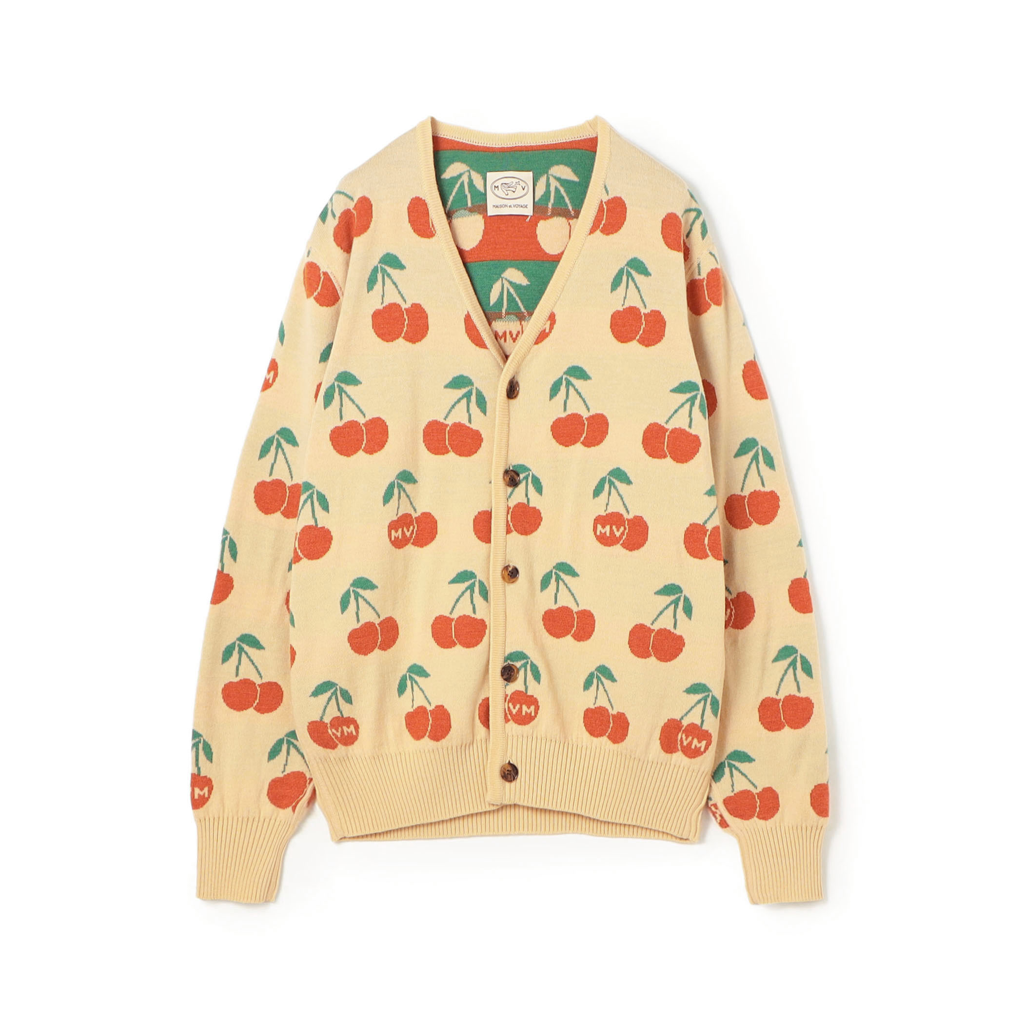 ウール チェリーモチーフ Vネックリバーシブルカーディガン