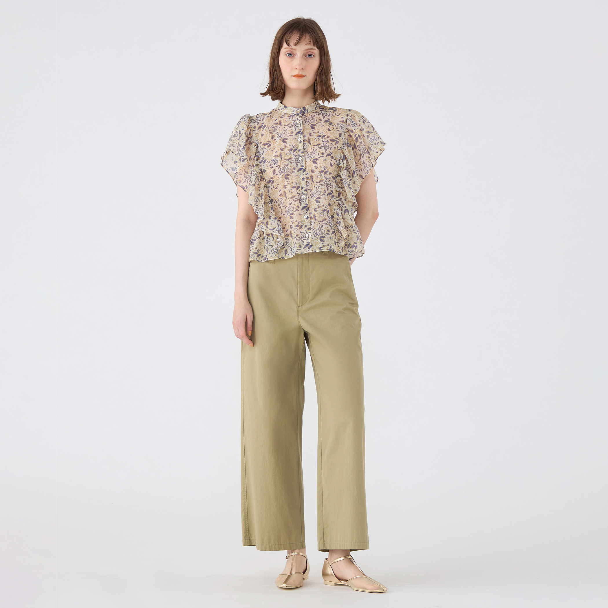 コットンポリエステルプリント バタフライスリーブブラウス