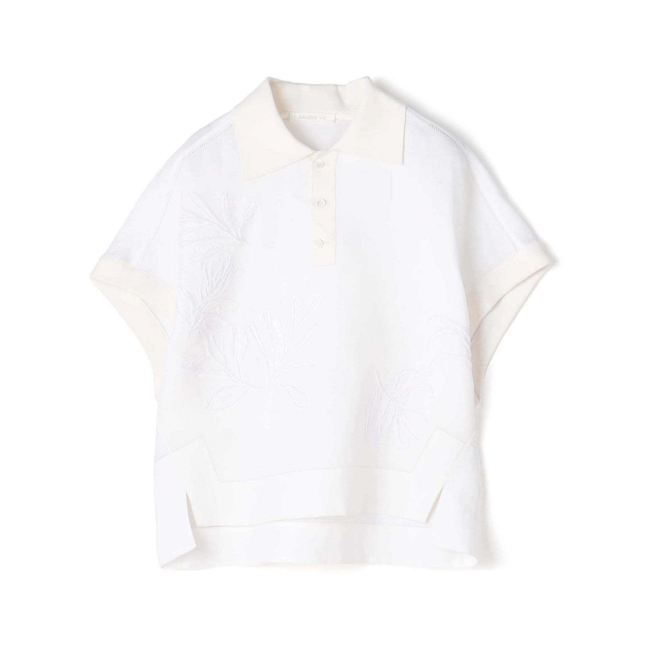 【WEB先行予約】リブコンビフレンチリネンエンブロイダリー ポロカラーブラウス