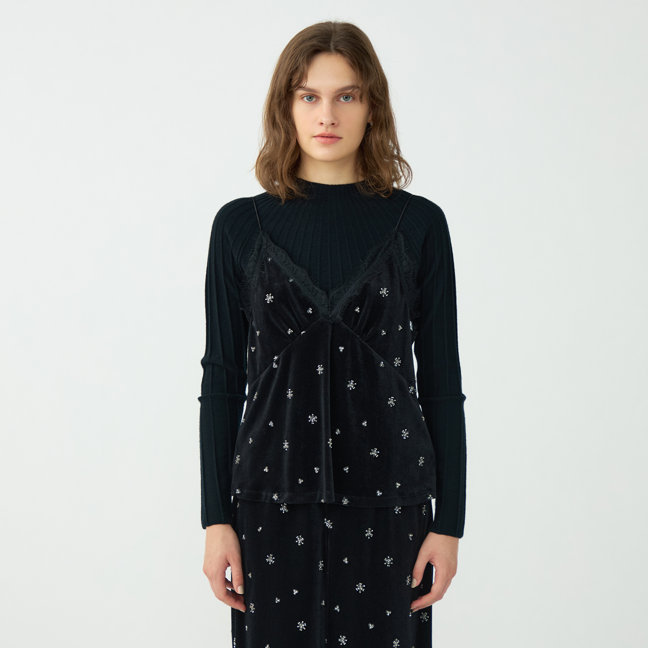 メッシュベロアエンブロイダリー キャミソールブラウス