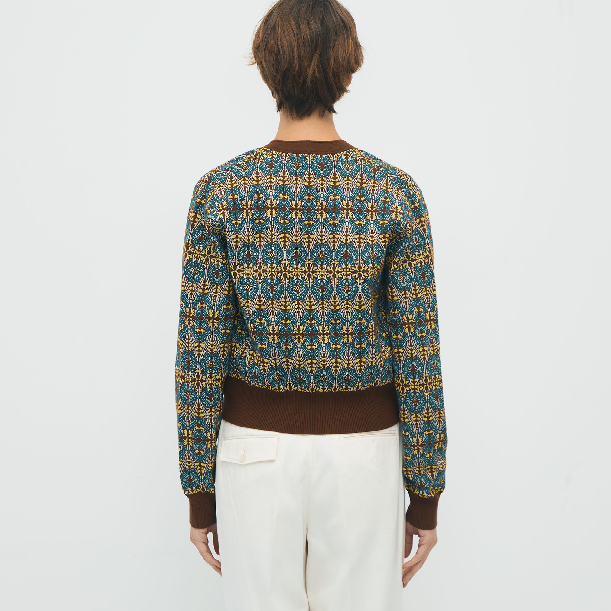 コットンカシミヤストレッチ ジャカードプリントVネックカーディガン