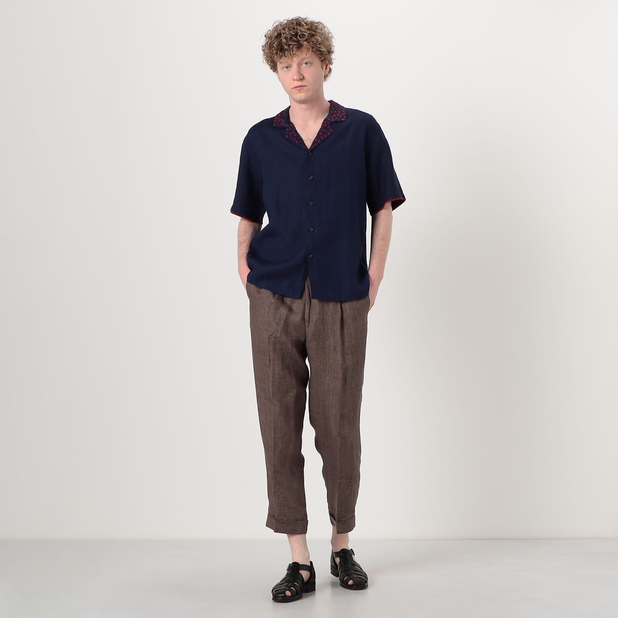 JUPE BY JACKIE Sasim Navy リネン エンブロイダリー オープンカラー