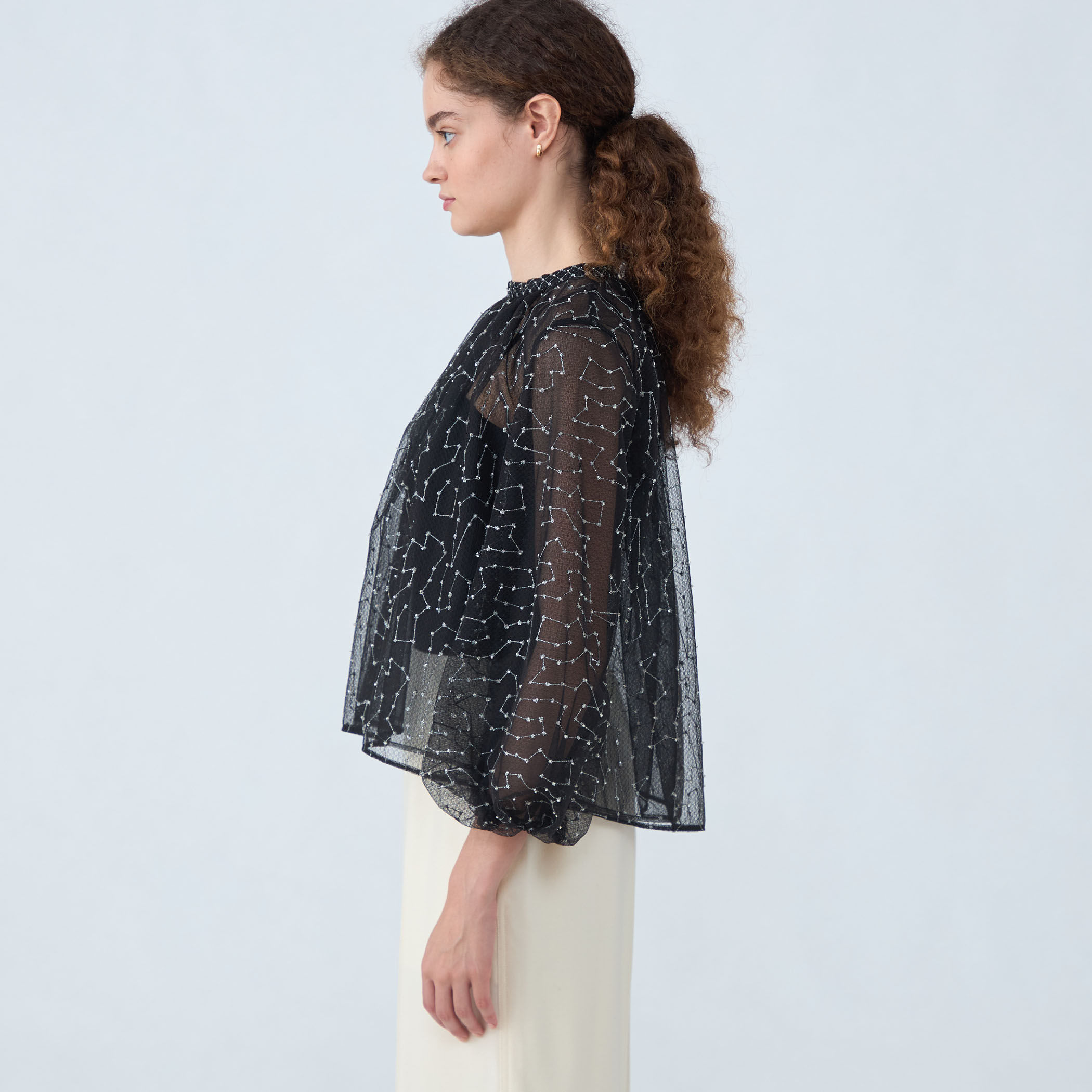 ビーズチュールエンブロイダリー スタンドボートネックブラウス