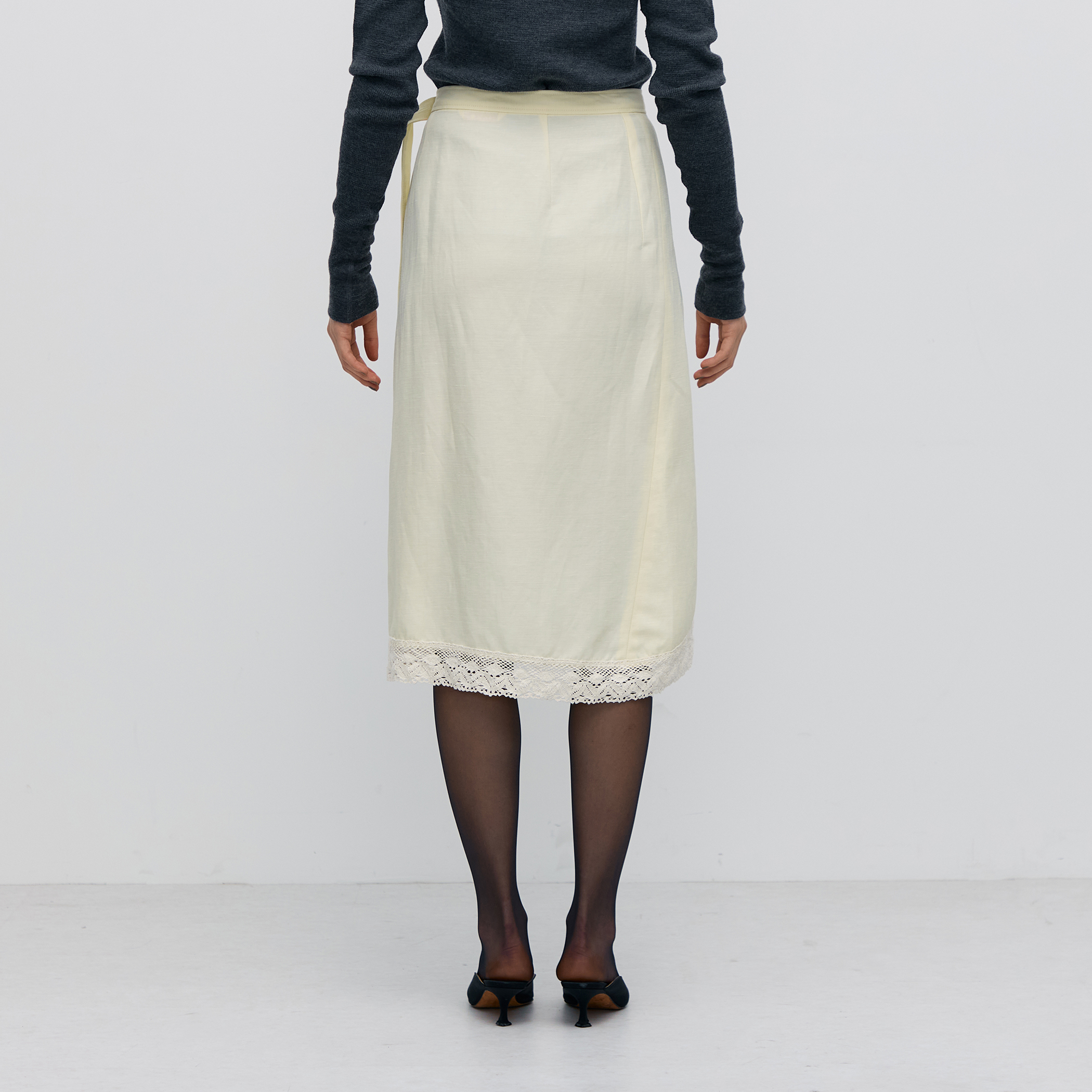 BACCA ナイロンリネンビンテージギャバジン レースコンビラップスカート ナイロンリネンビンテージギャバジン レースコンビラップスカート