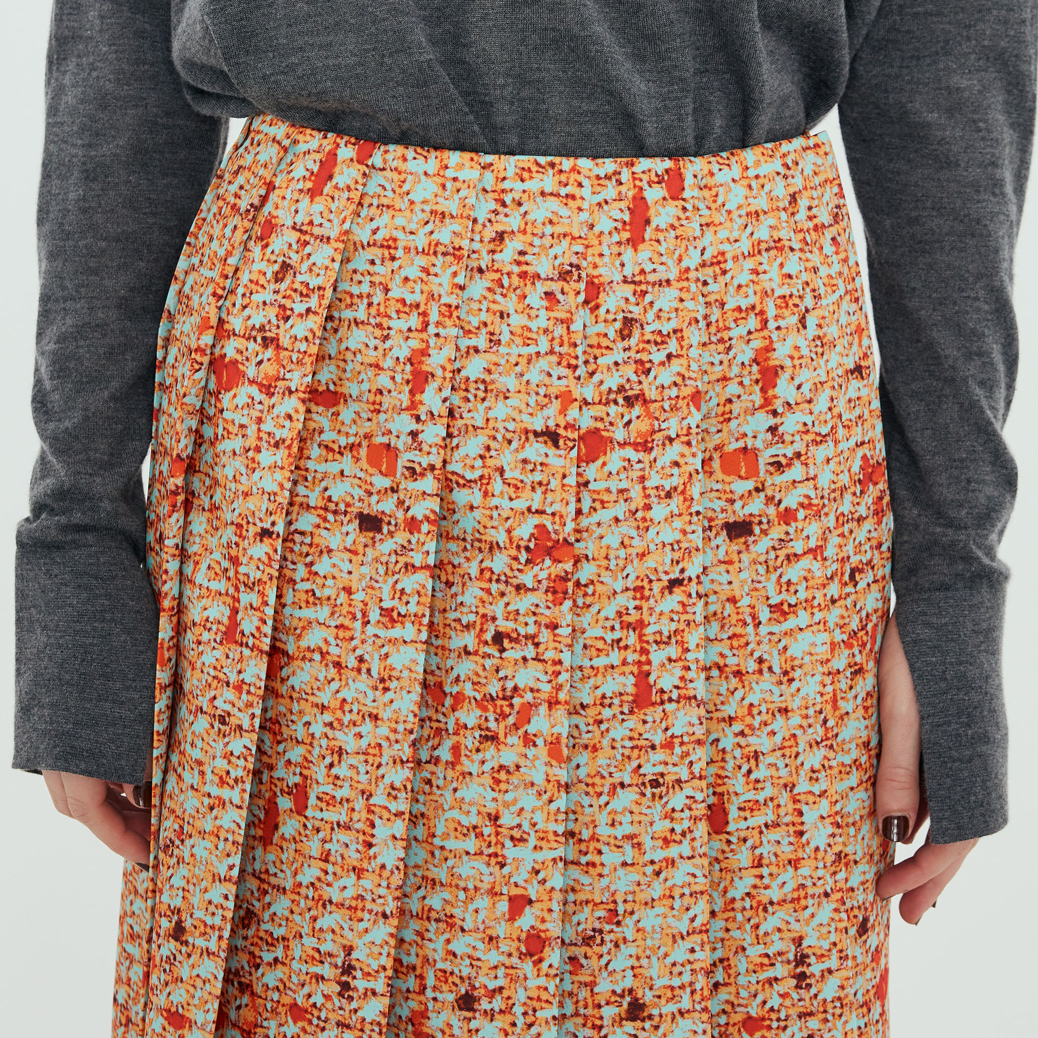 ポリエステル ツイードプリント プリーツスカート｜トゥモローランド