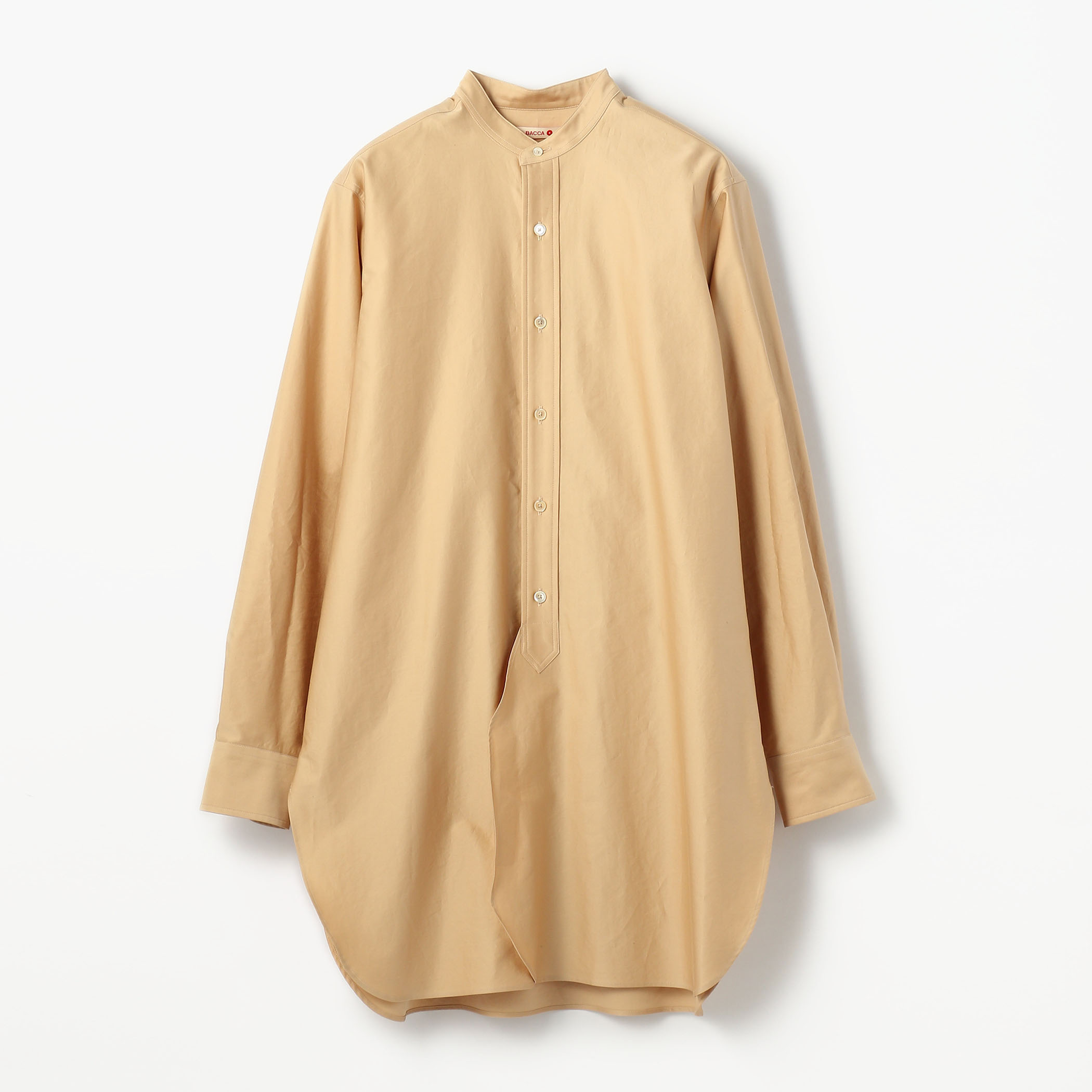 ■コットンバックサテン スタンドカラーロングシャツ