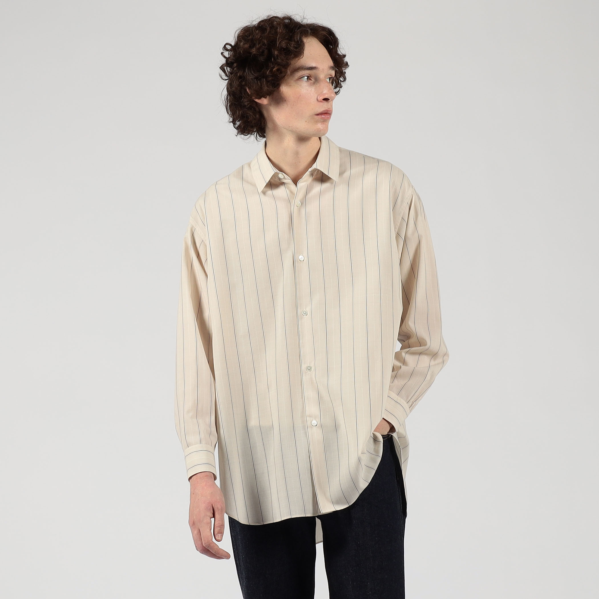 ウールナイロンストライプ ロングスリーブ オーバーシャツ