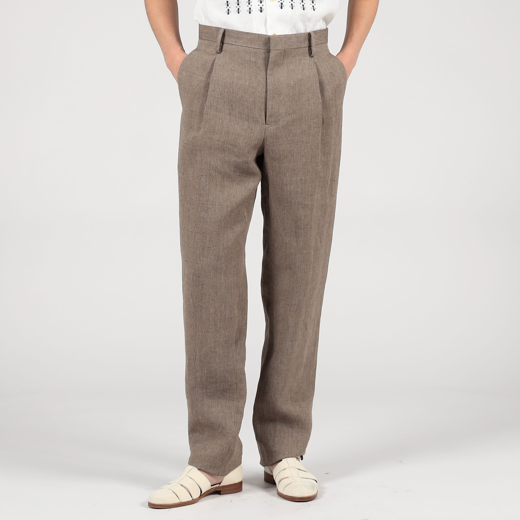リネン ヘリンボーン 1プリーツテーパードスラックス