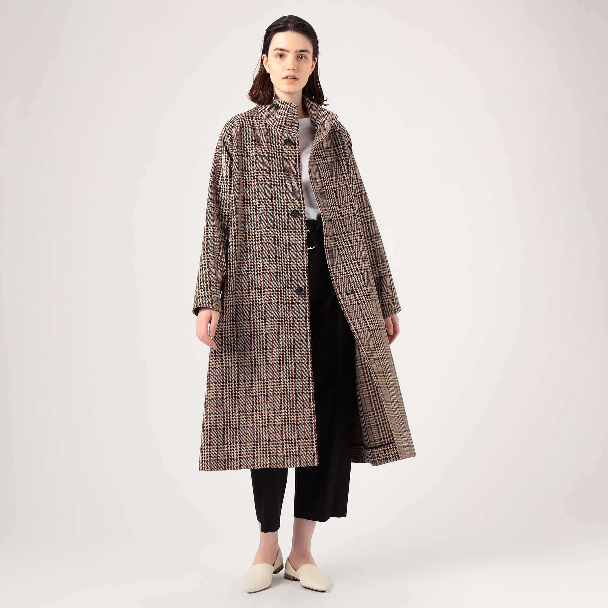 □CABaN コットンポリエステル グレンチェックスタンドカラーコート