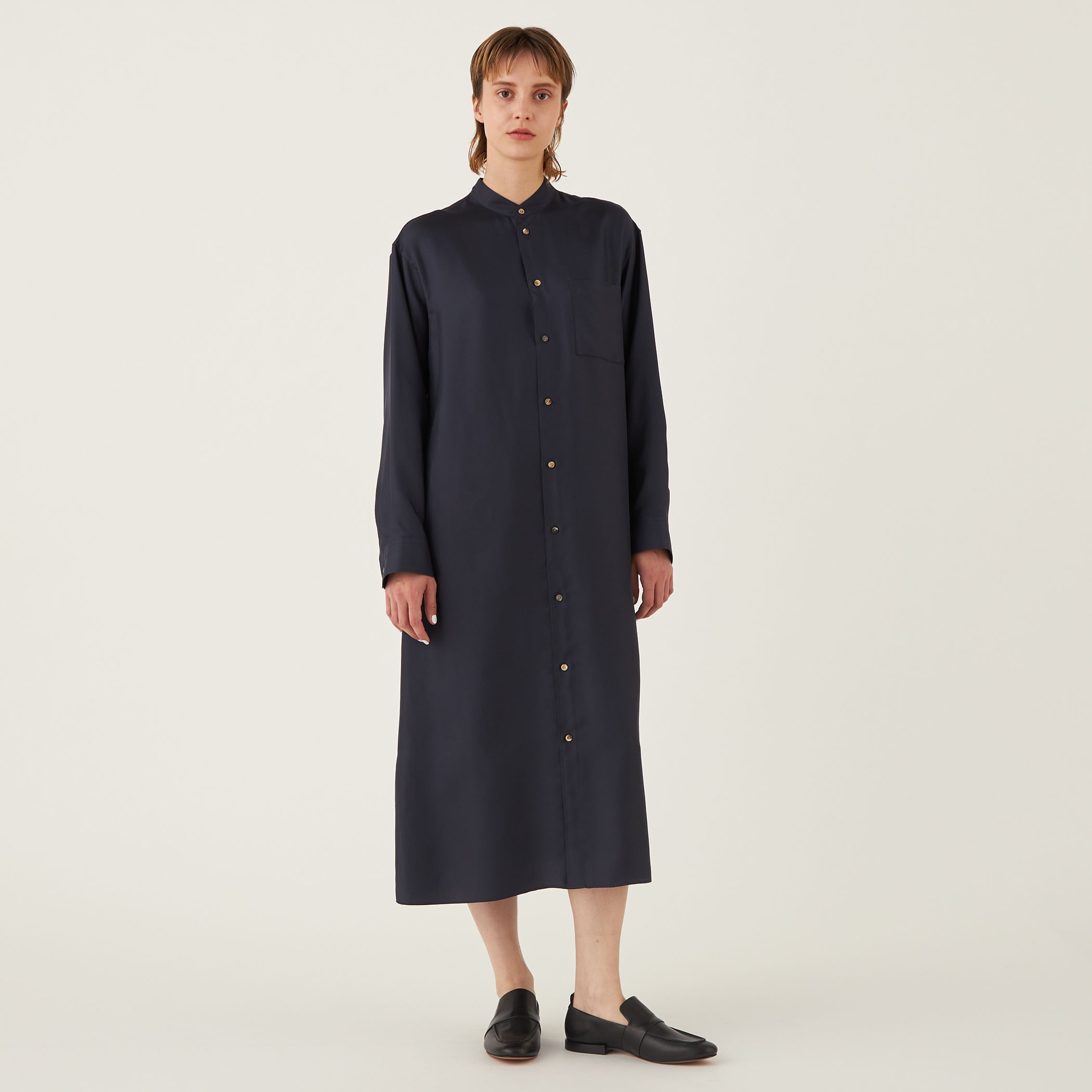 MORE10%OFF対象〉シルクツイル バンドカラーシャツワンピース