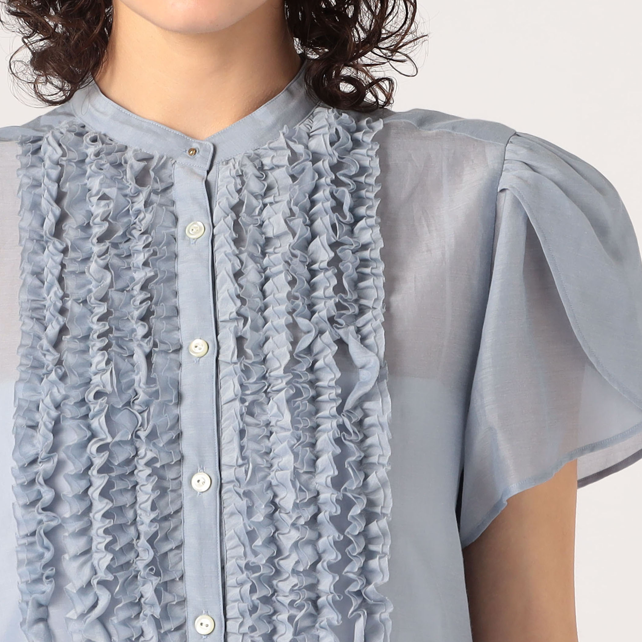 コットンシルクシャンブレー ペタルスリーブブラウス