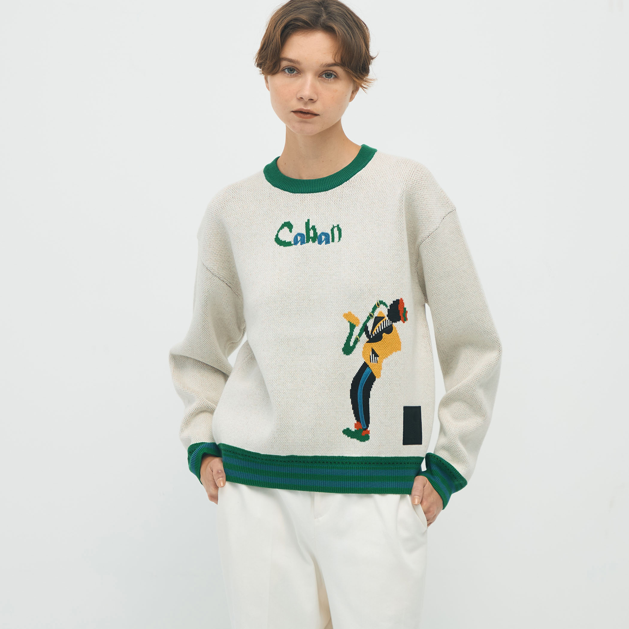 最新作売れ筋が満載 CABaN コットンカシミヤジャカード クルーネックプル SAX JAZZ トップス