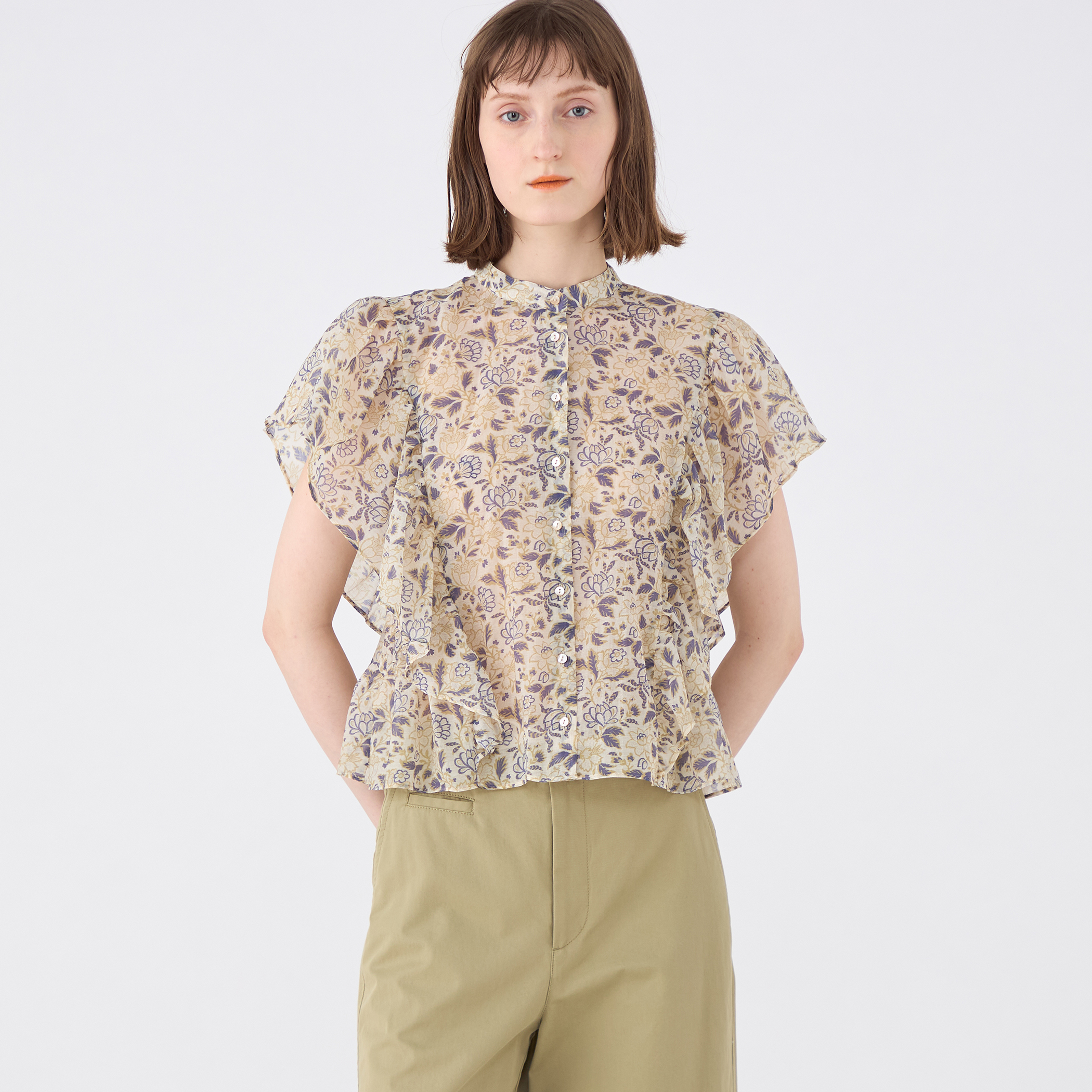 コットンポリエステルプリント バタフライスリーブブラウス