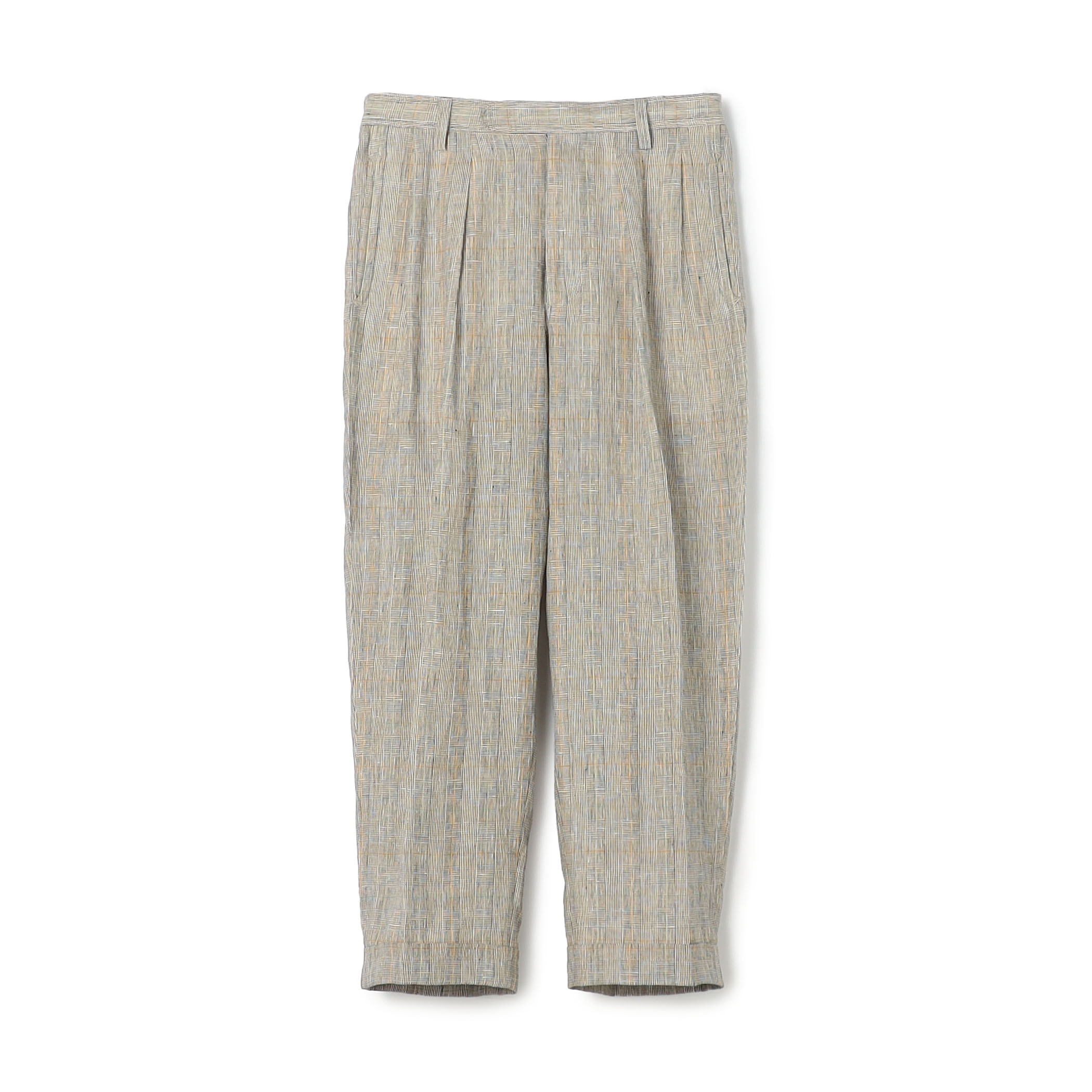 リネン グレンチェック 1タック ペグトップパンツ