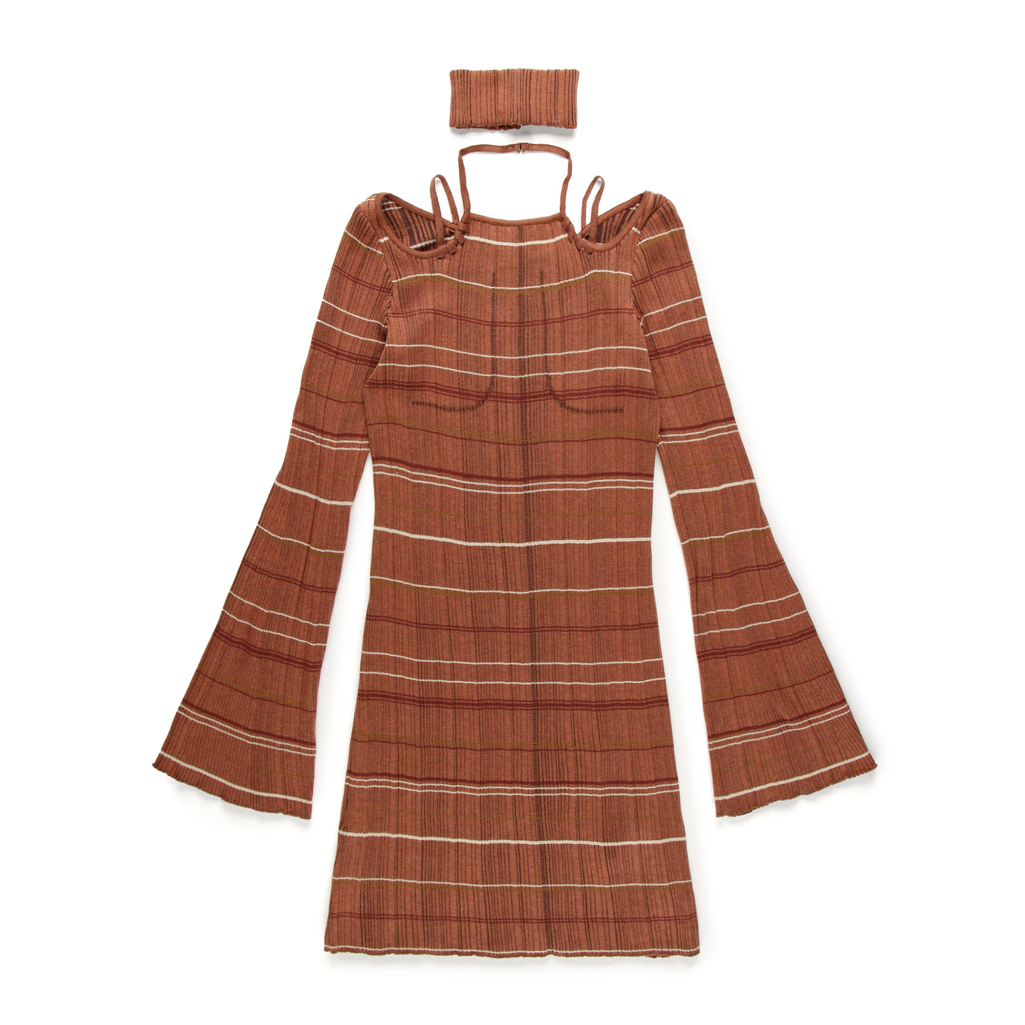 Mame Kurogouchi Random Ribbed Plaid Knitted Dress With Choker