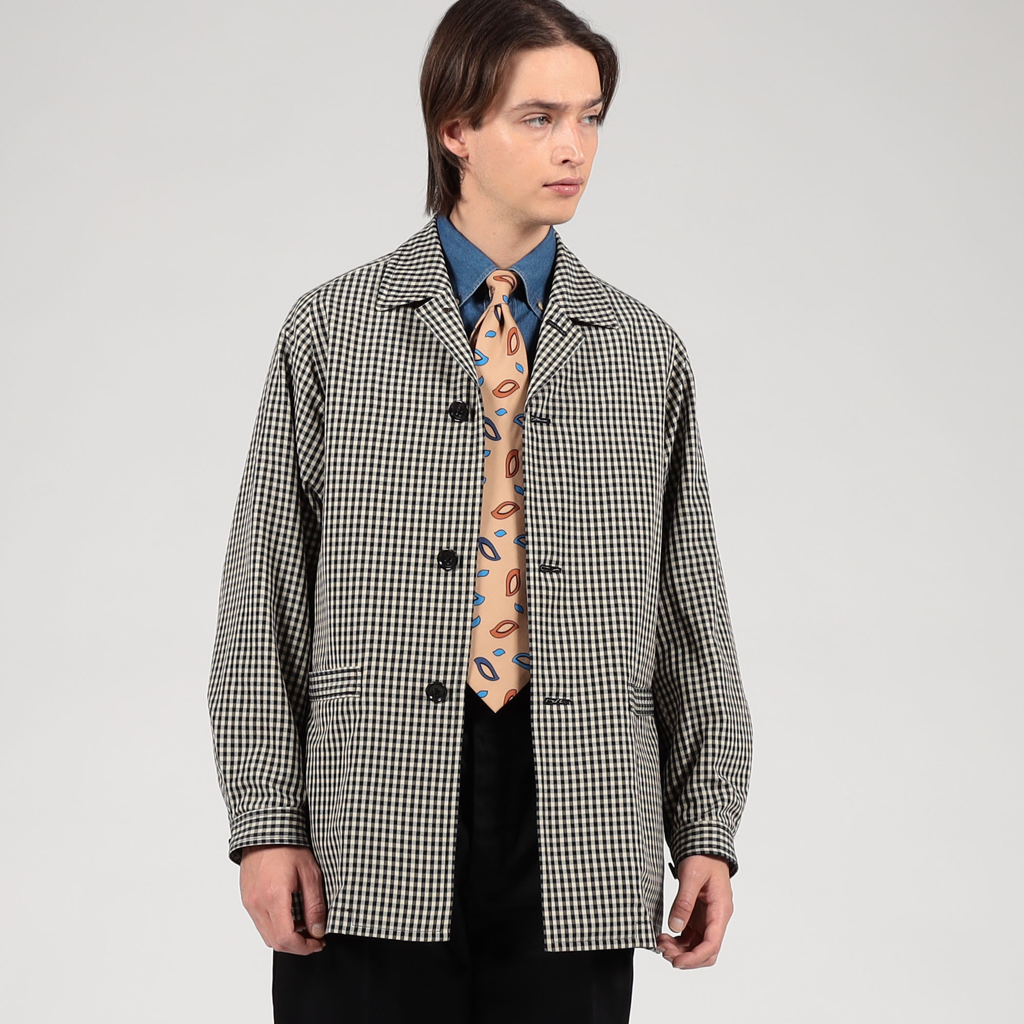 シルクカシミア ギンガムチェック シングルブレステッド ショート