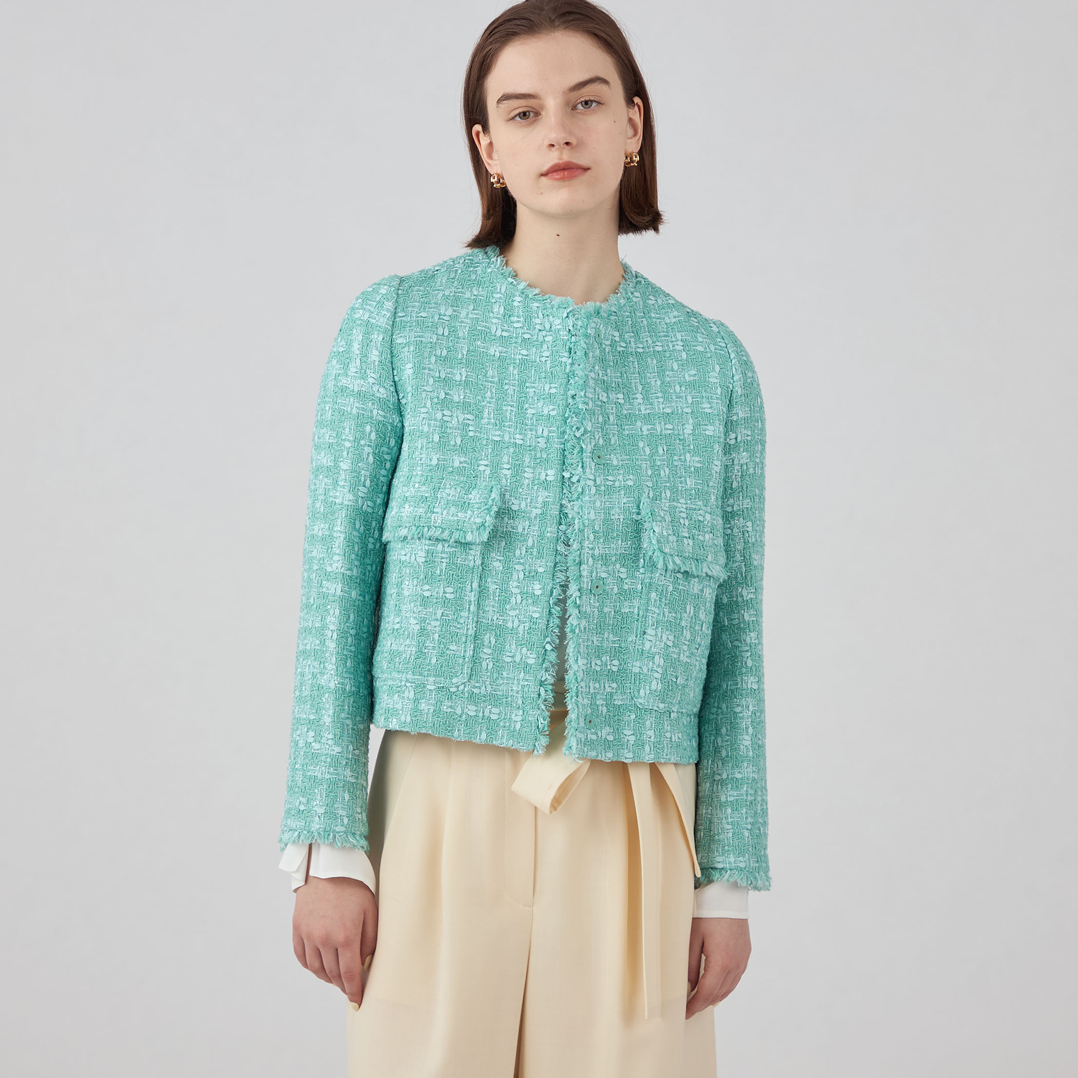 STUDIOS サイドスリット　ベルテッドジャケット ペールグリーン LINTONノーカラージャケット （8050141907） | la