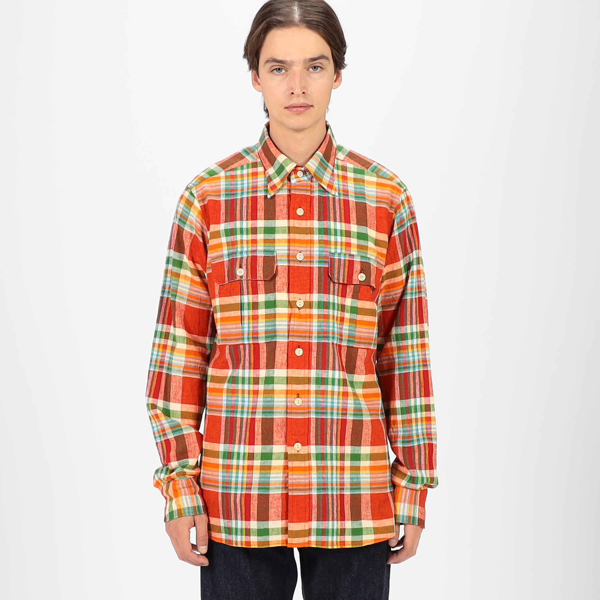 Drake's コットンリネン ダブルポケット レギュラーカラーシャツ