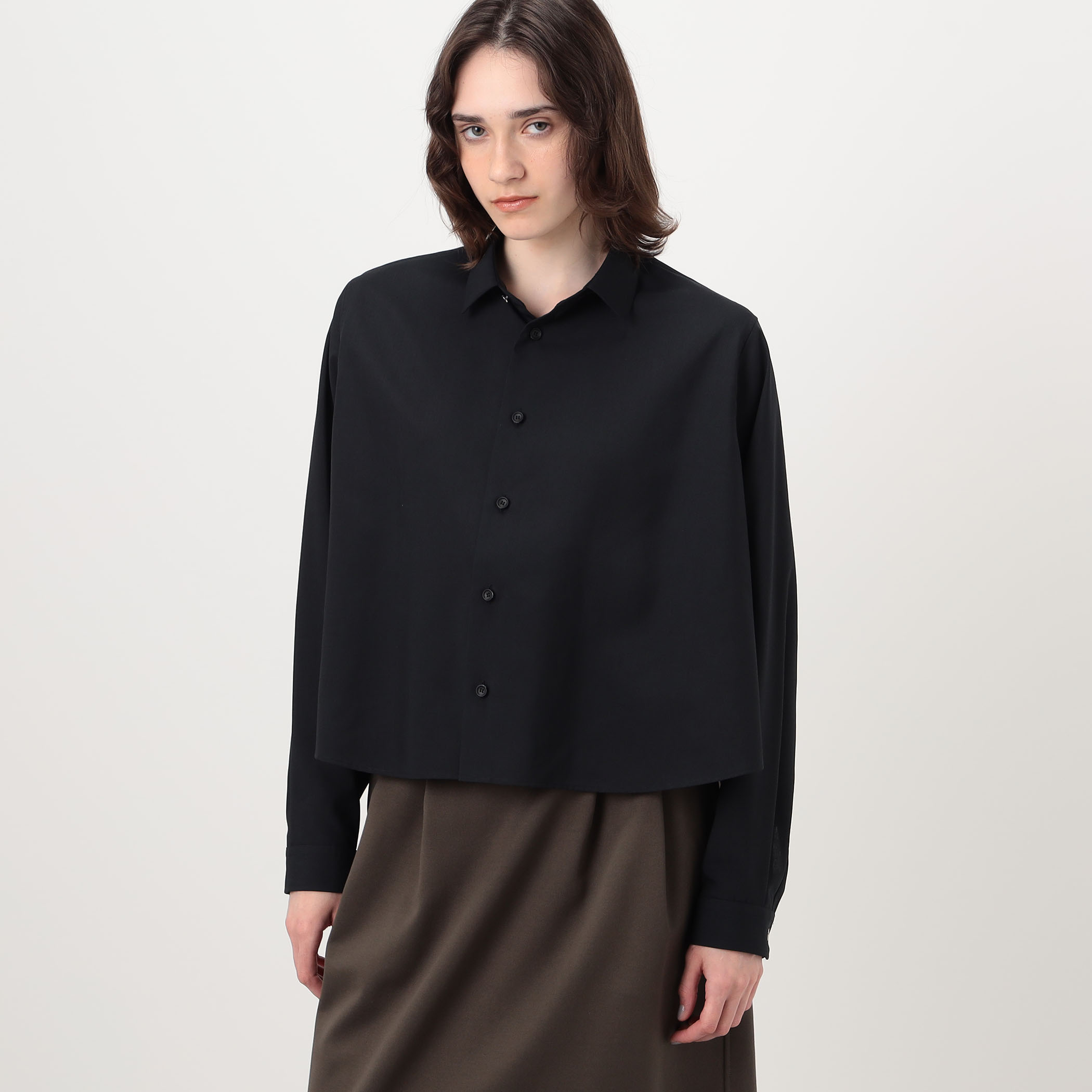 THE RERACS / ザリラクス | 2021AW | REGULAR COLLAR A-LINE SHIRT 星柄 レギュラーカラー Aライン ロングシャツ | 36 | ブラック | レディース THE RERACS / ザリラクス | 2021AW | REGULAR COLLAR A-LINE SHIRT 星