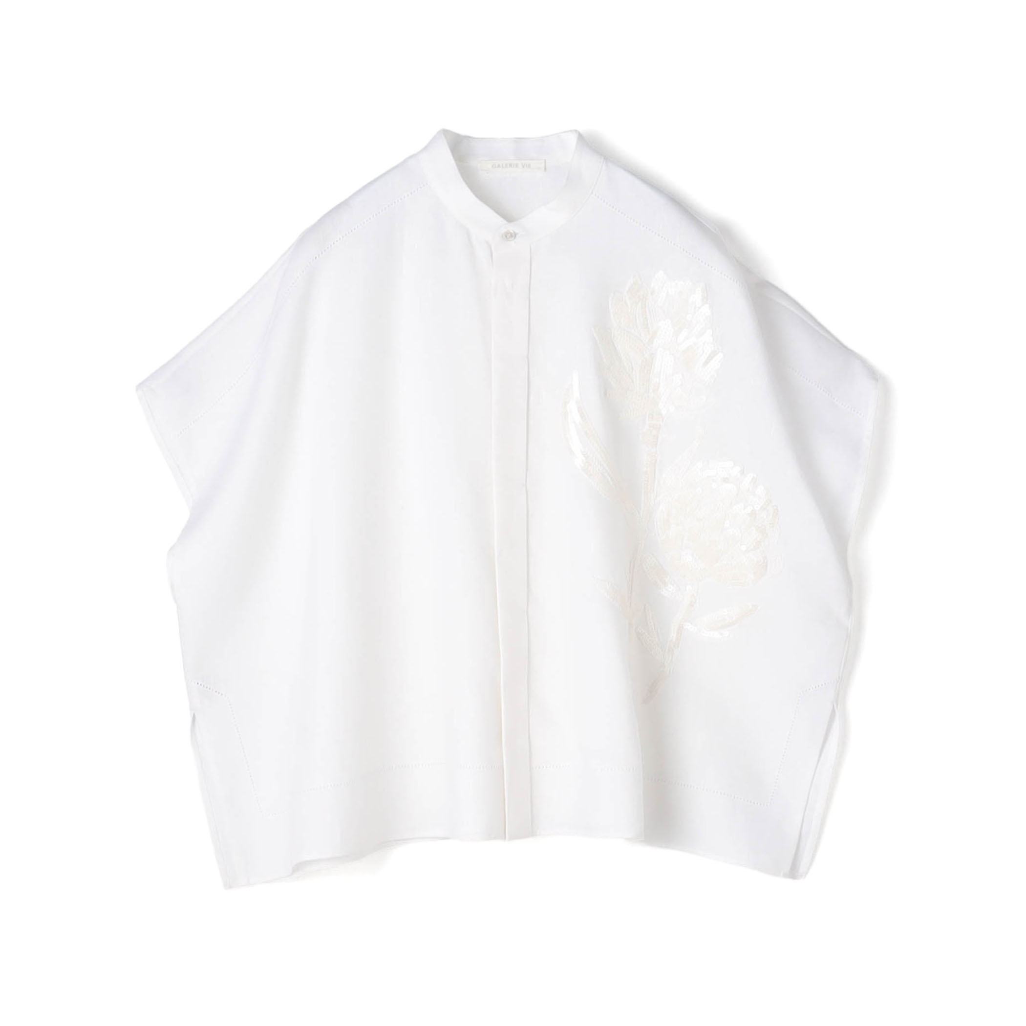 リブコンビフレンチリネンエンブロイダリー バンドカラーシャツ