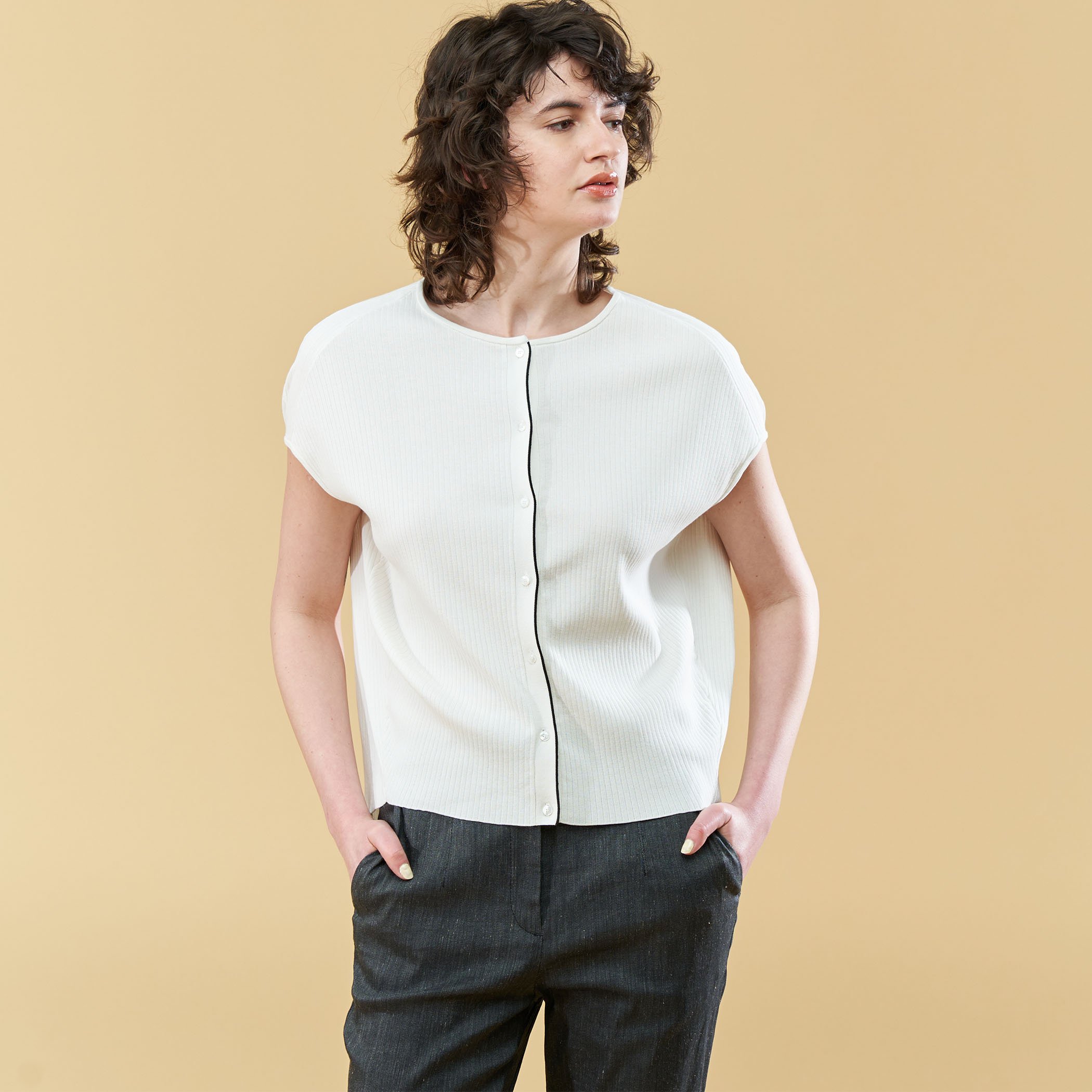 DES PRES★美品★コットンポリエステルアセテート クルーネックカーディガン DES PRES☆美品☆コットンポリエステルアセテート クルーネック