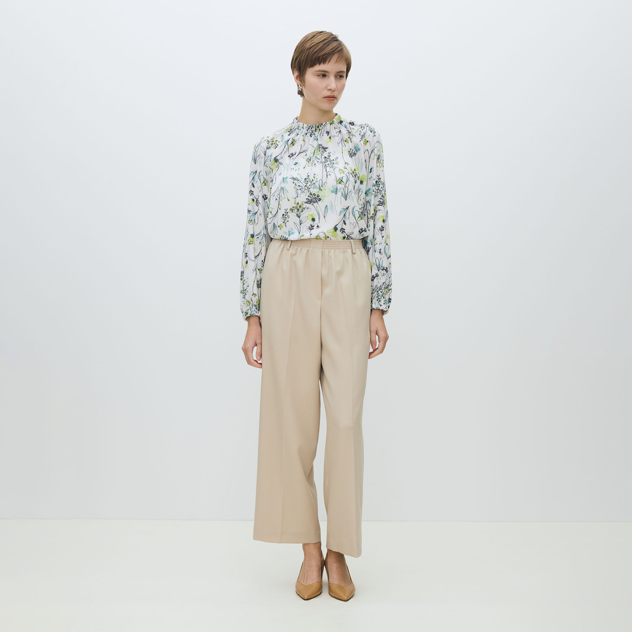 オーキッドフラワープリント ネックギャザーブラウス