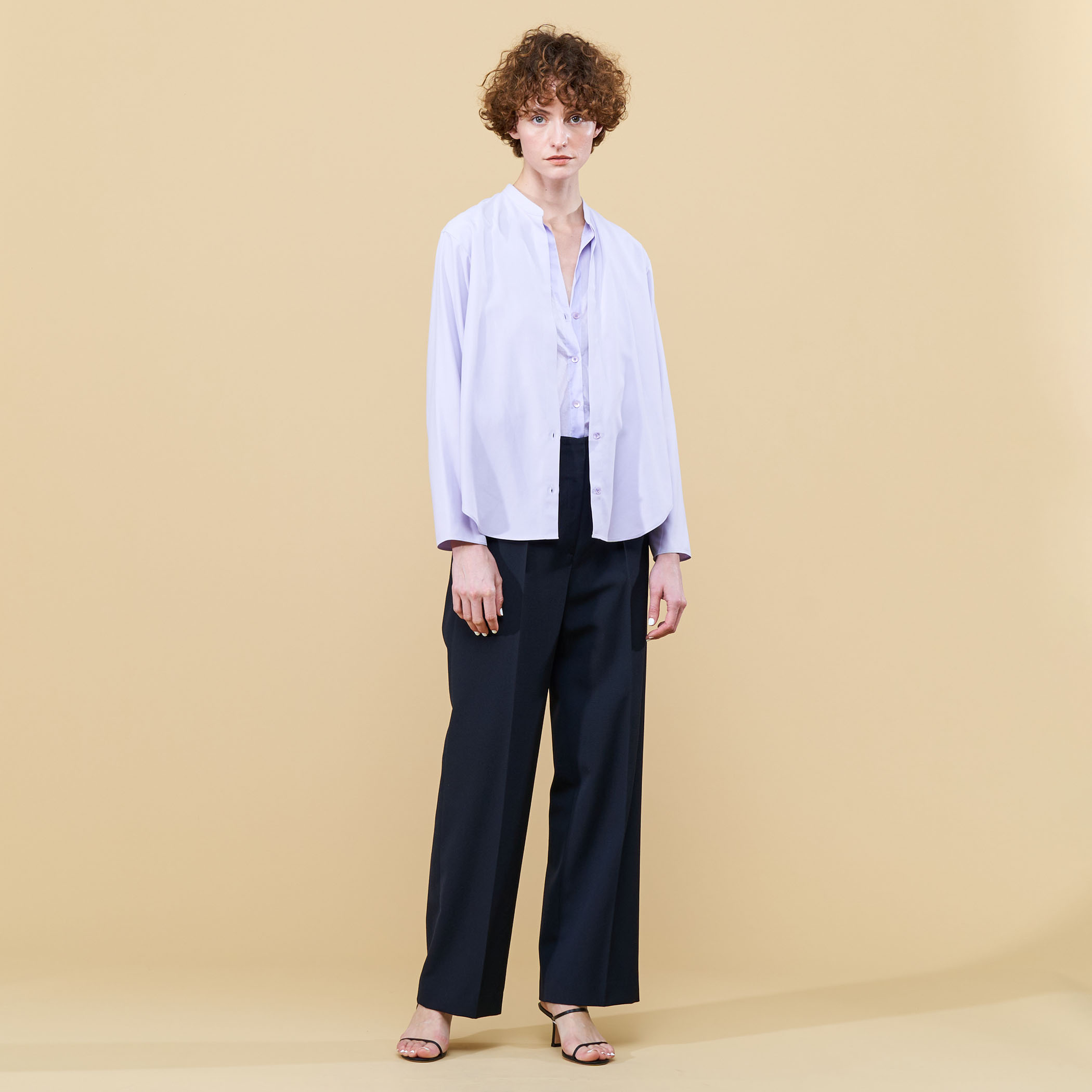 【美品】DES PRÉS デプレ シルク バンドカラー パープル 定価3.5万円 美品】DES PRÉS デプレ シルク バンドカラー パープル 定価3.5万