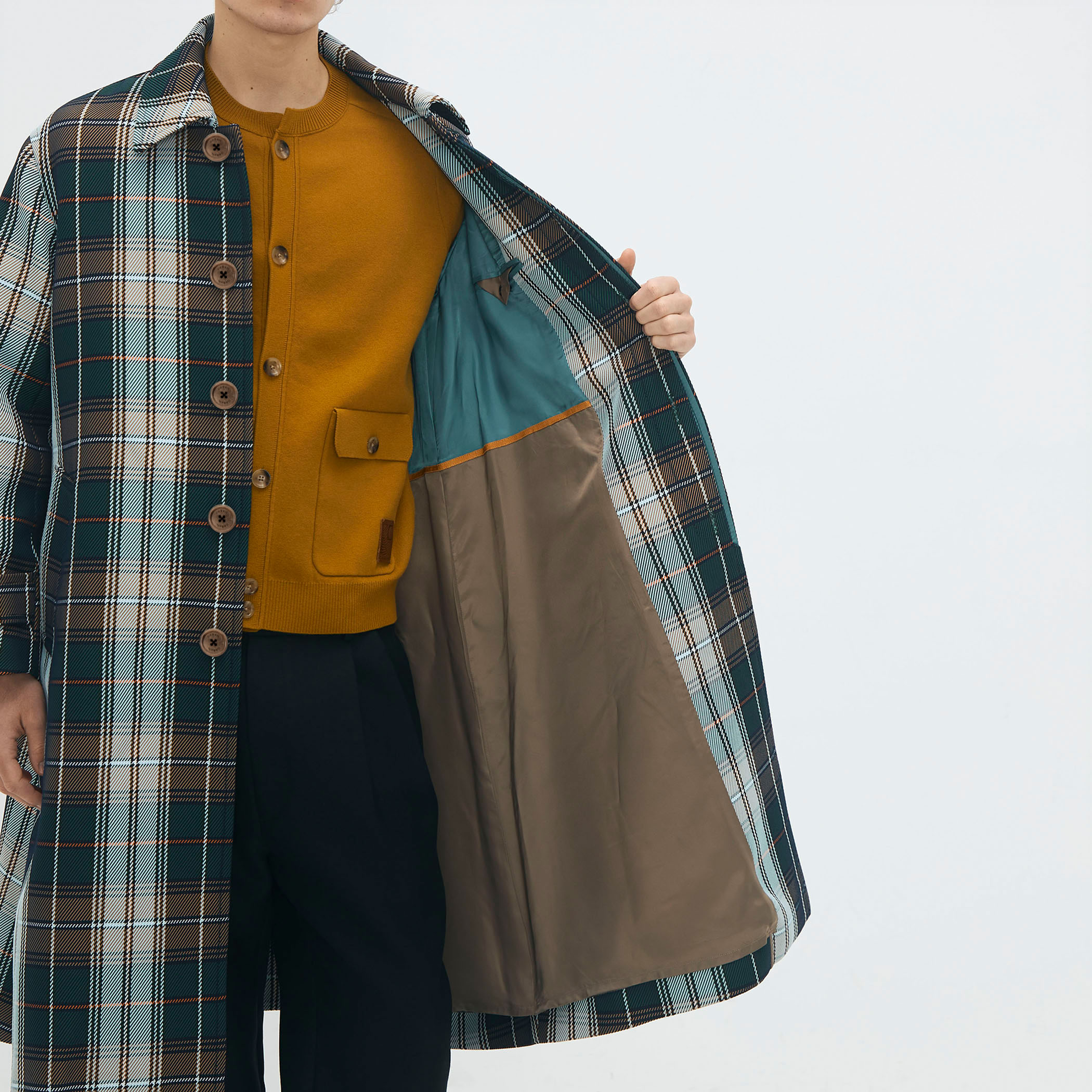 ポリエステル ビッグチェックジャカード ステンカラーコート