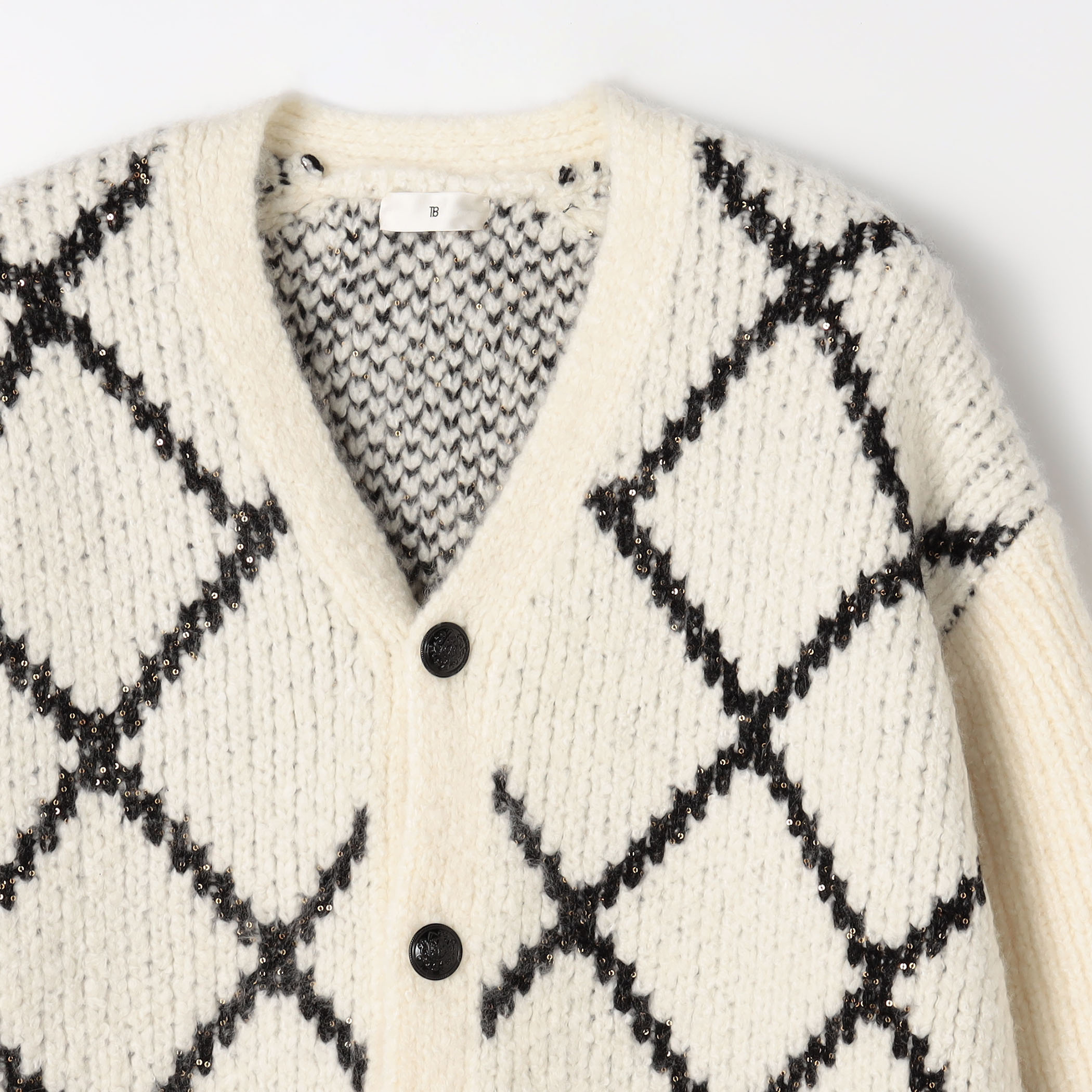 カシミヤシルク モノトーンアーガイルVネックカーディガン