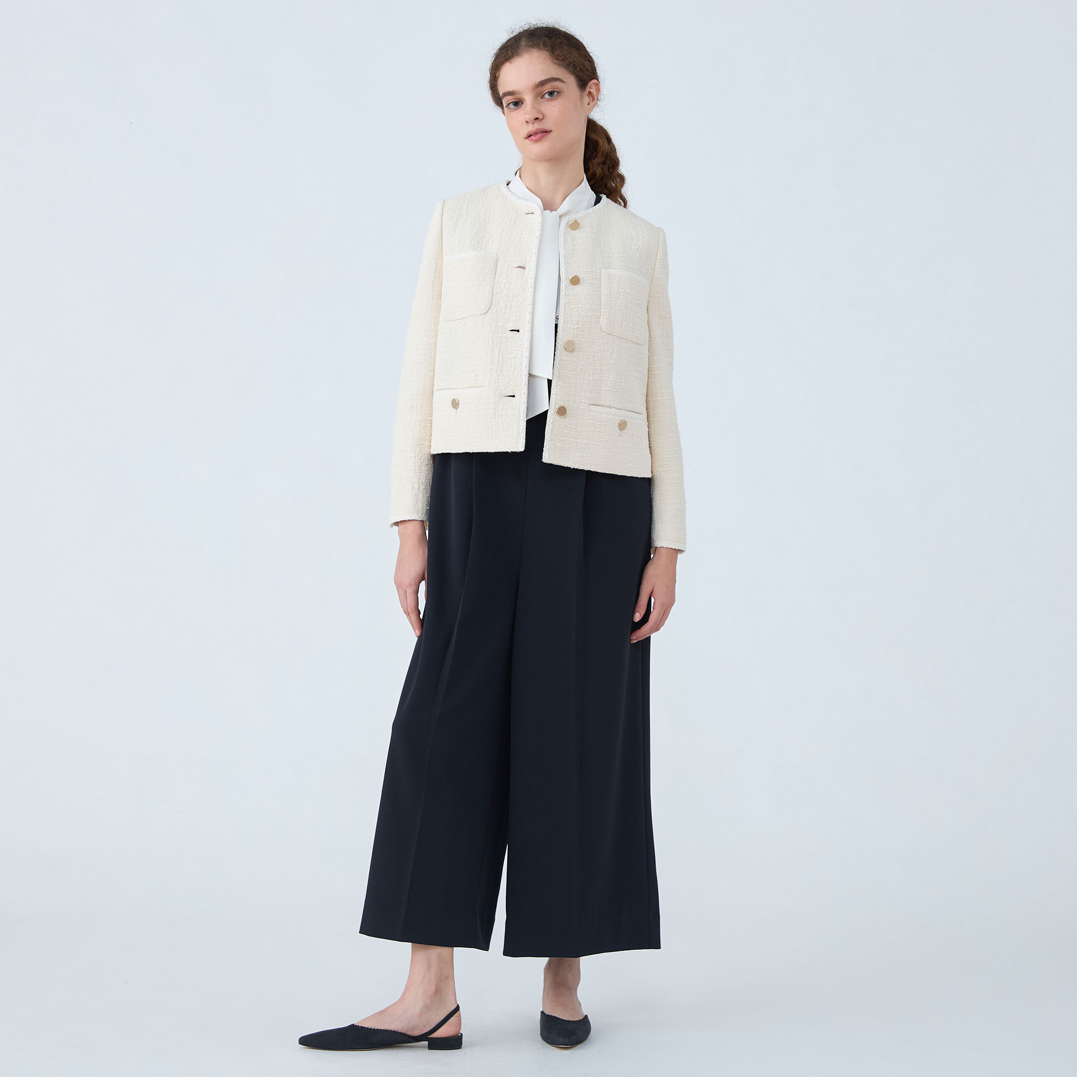 スラブコットンツイード Vクルーネックジャケット｜トゥモローランド