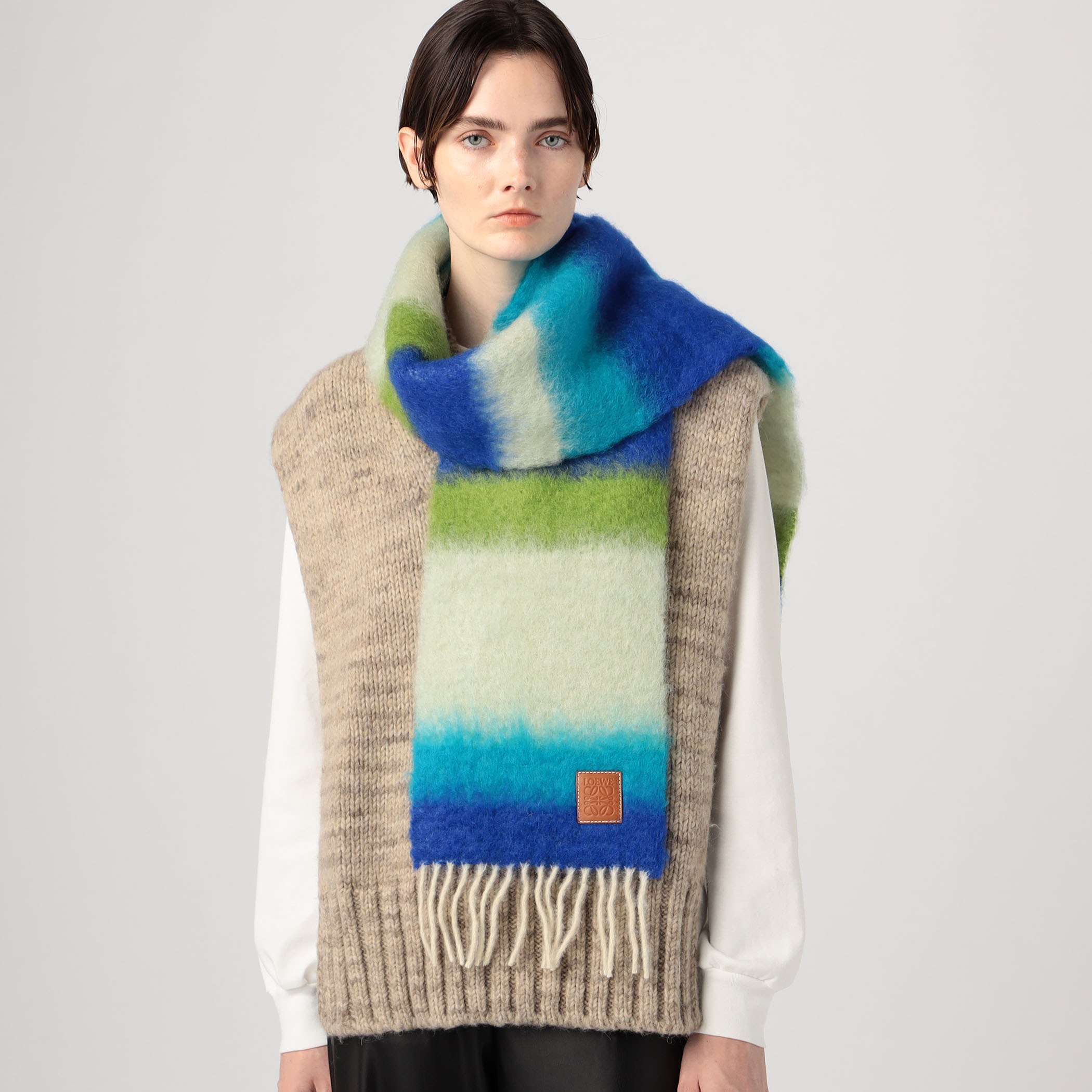 ロエベ LOEWE モヘヤストライプマフラー ブルー ホワイト
