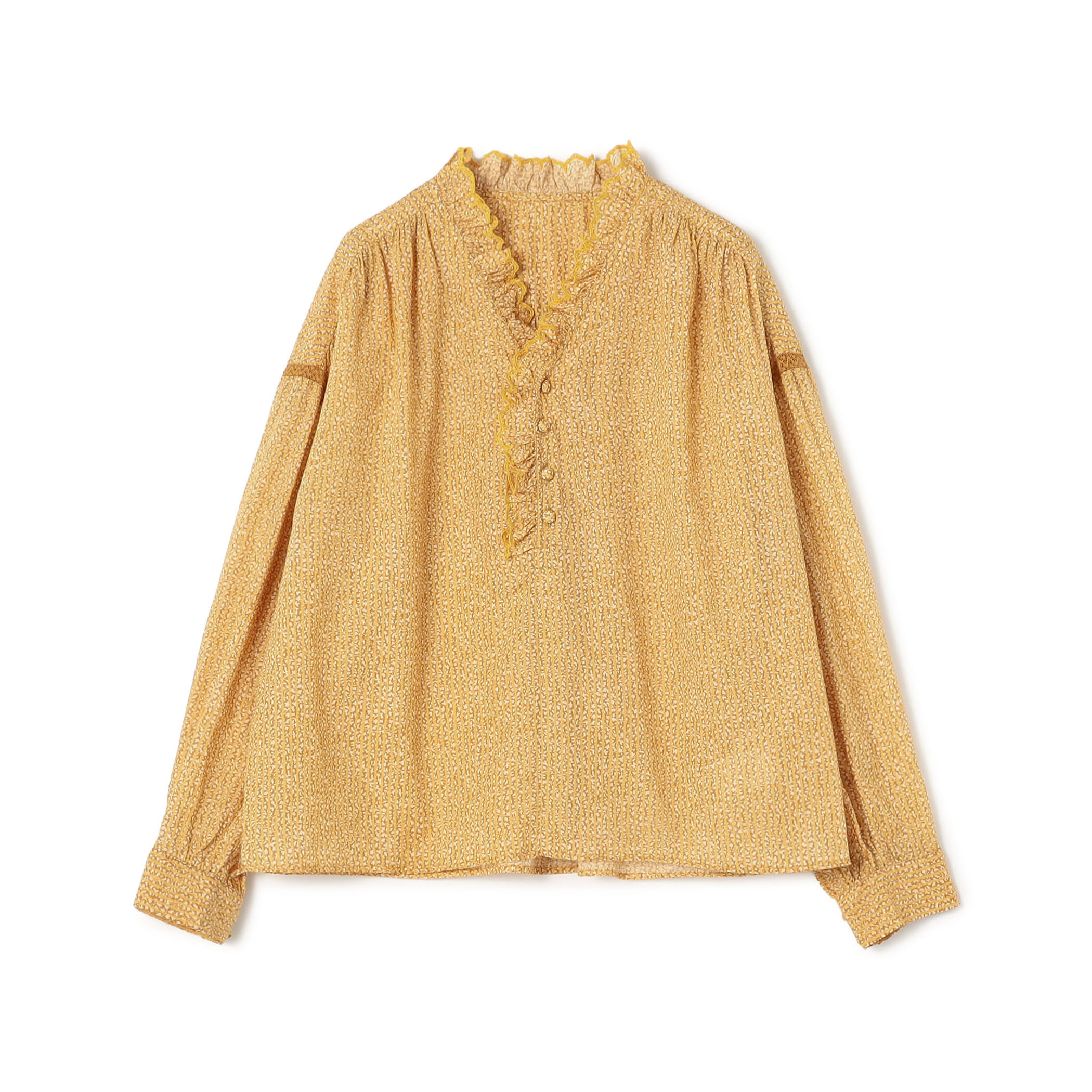 コットンレーヨンプリント スタンドフリルブラウス