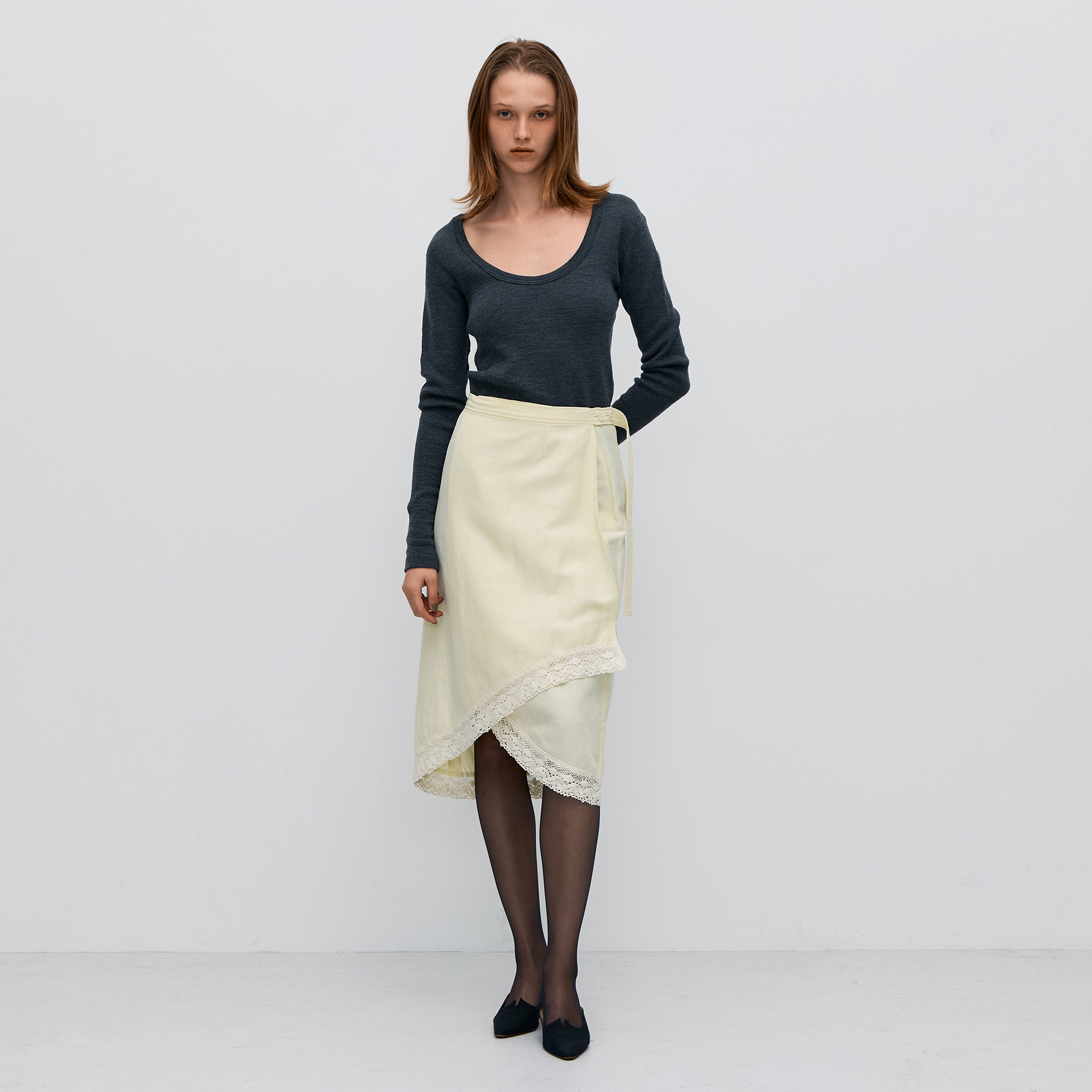 ナイロンリネンビンテージギャバジン レースコンビラップスカート