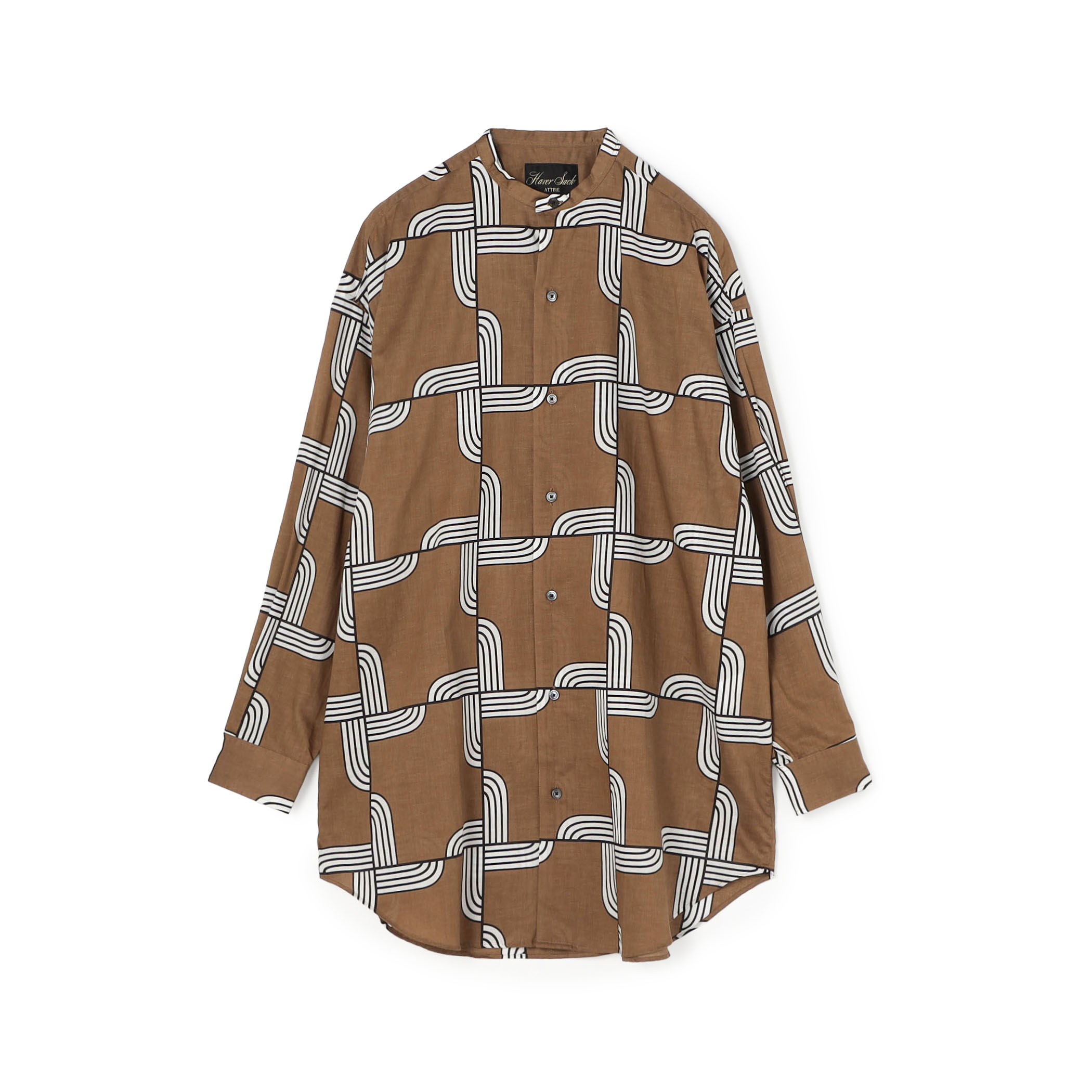 HAVERSACK ATTIRE コットンリネン ウッドブロックプリント バンドカラーロングシャツ