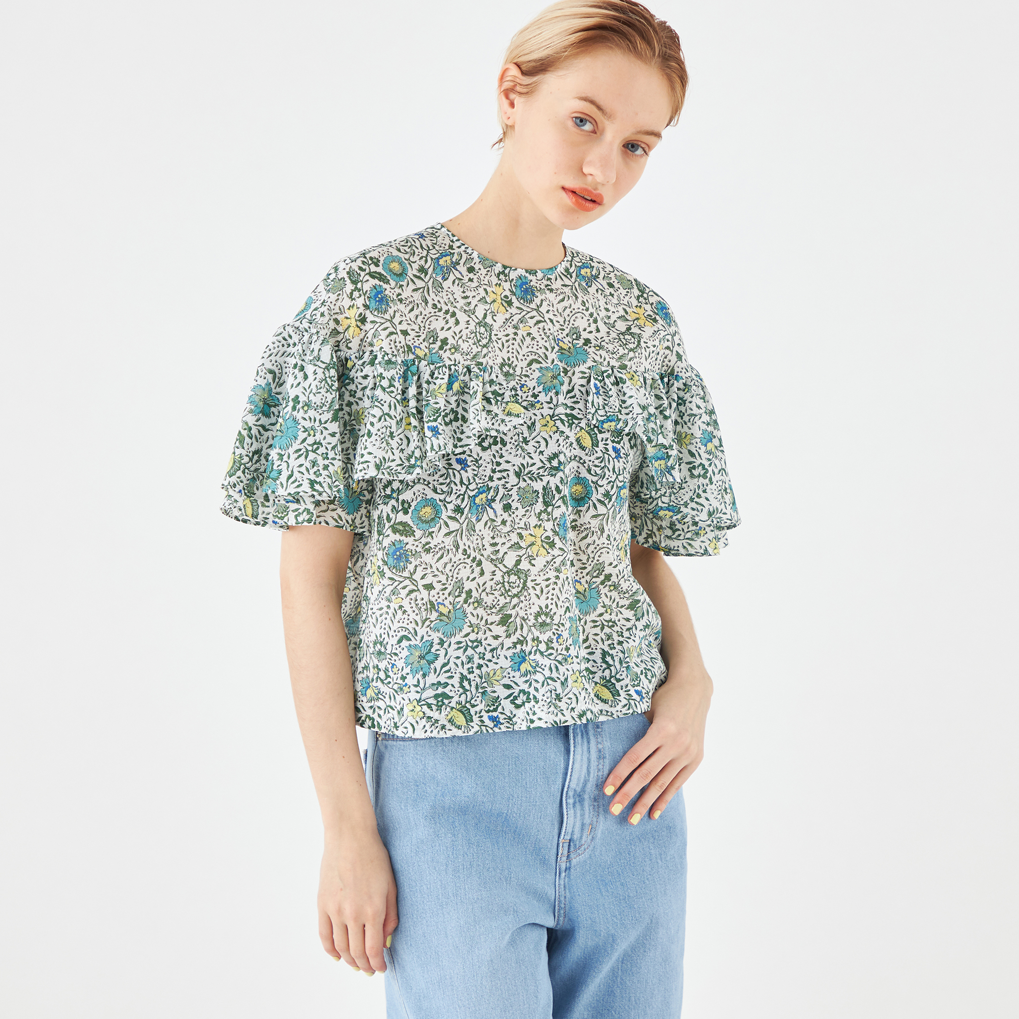 SOULEIADO◆24SS/コットンラミープリント フレアスリーブブラウス/36/コットン/GRN/75-01-42-01604 コットンラミープリント フレアスリーブブラウス