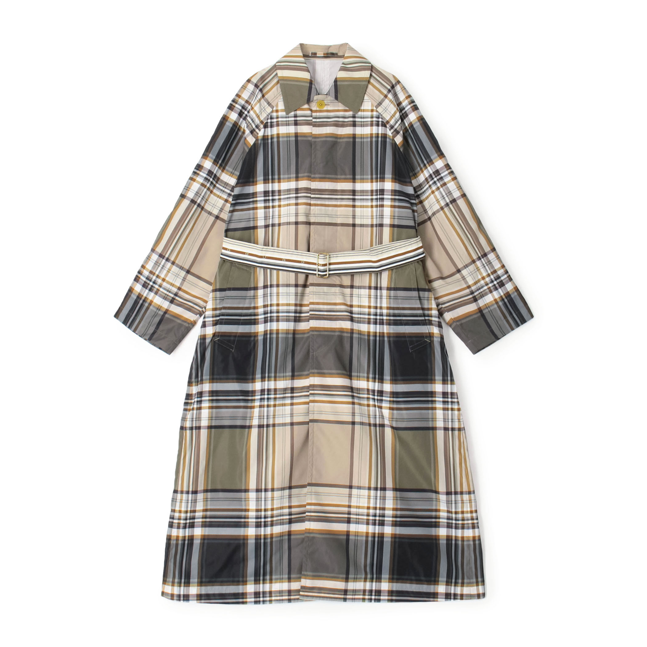 テクニカルナイロン ブロックチェックステンカラーコート