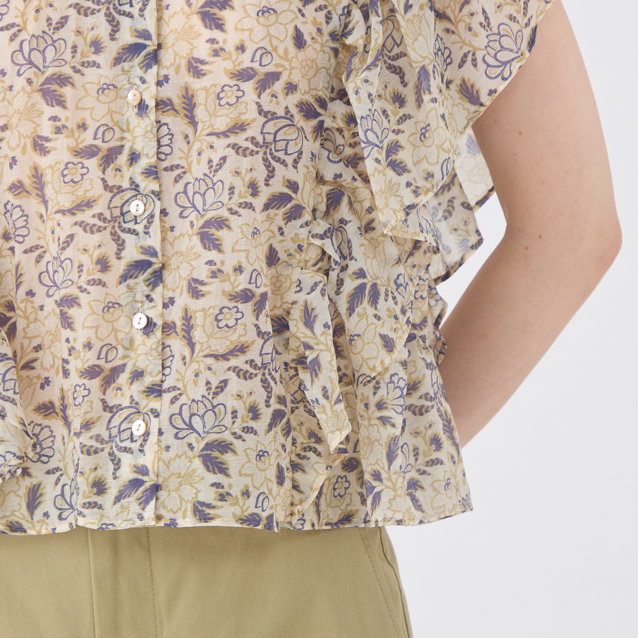 コットンポリエステルプリント バタフライスリーブブラウス