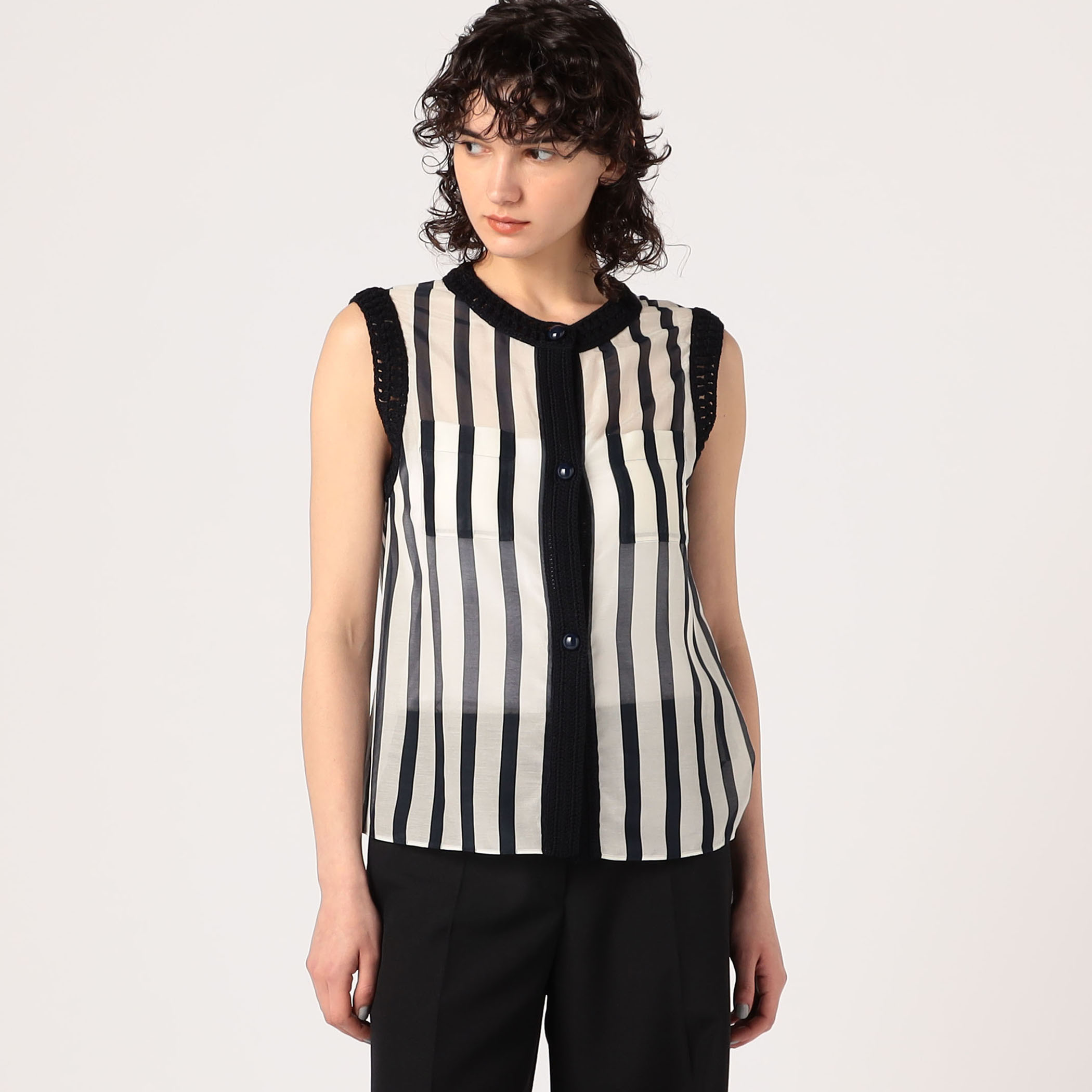 DES PRES / ノースリーブブラウス/FREE/コットン/NVY/ストライプ/22-01-51-01703 コットンシルクローンストライプ スリーブレスジレ｜トゥモローランド