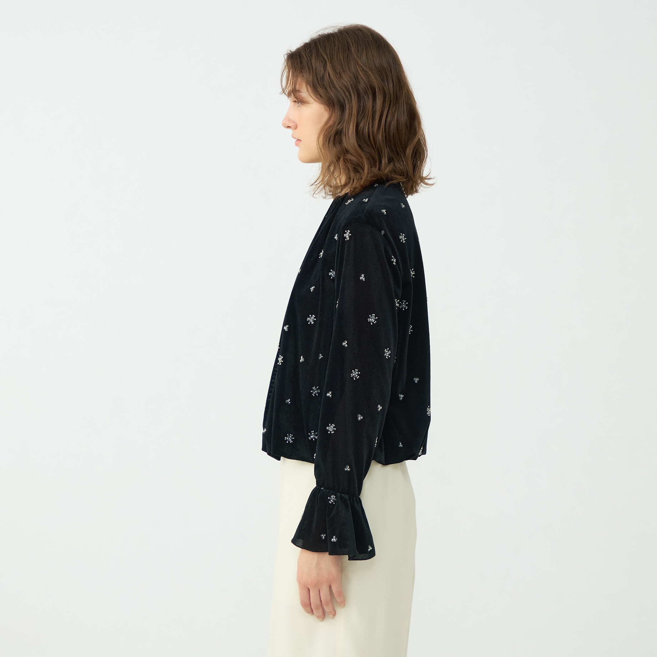 メッシュベロアエンブロイダリー ラッフルカフスブラウス