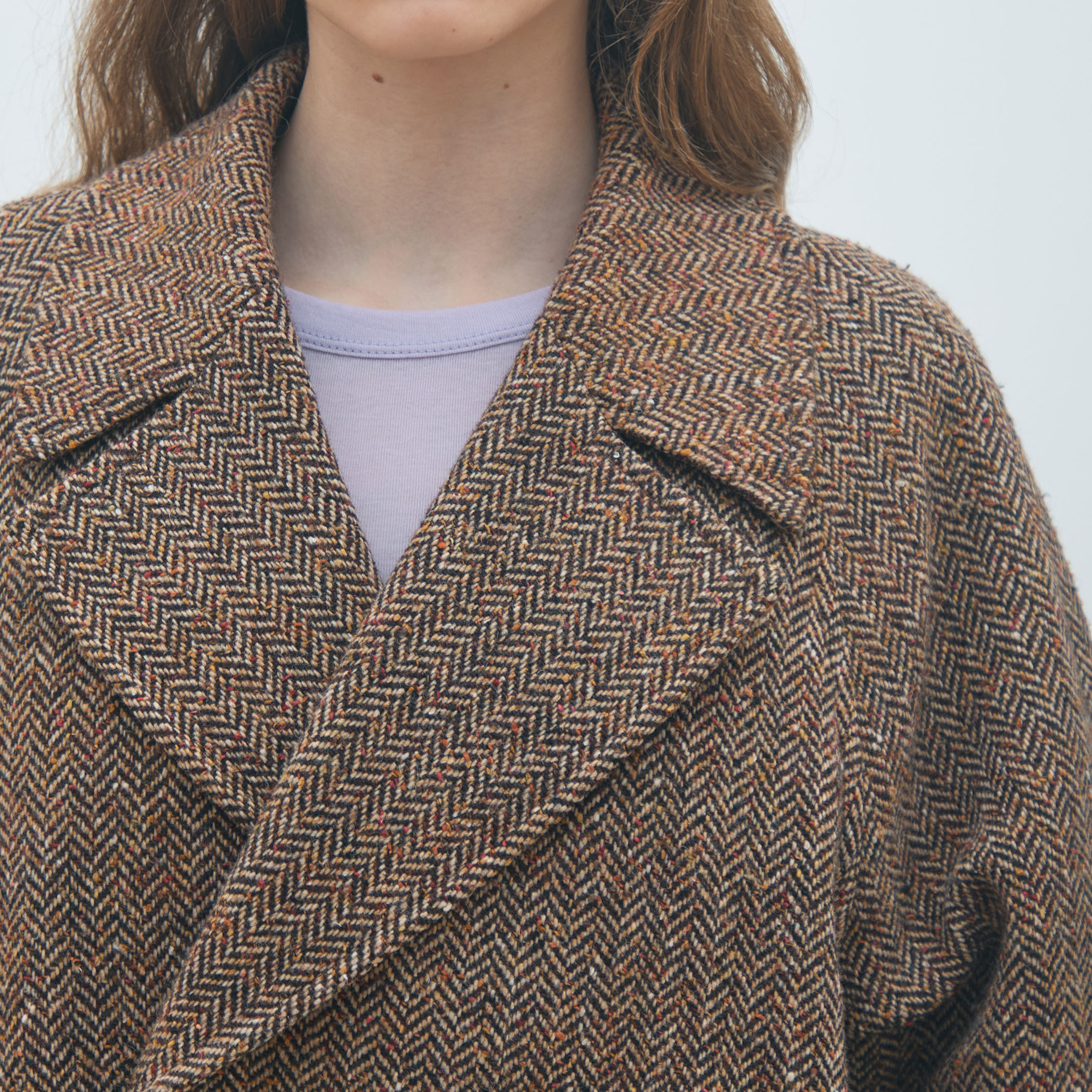 カラーネップヘリンボーン ダブルブレストロングコート