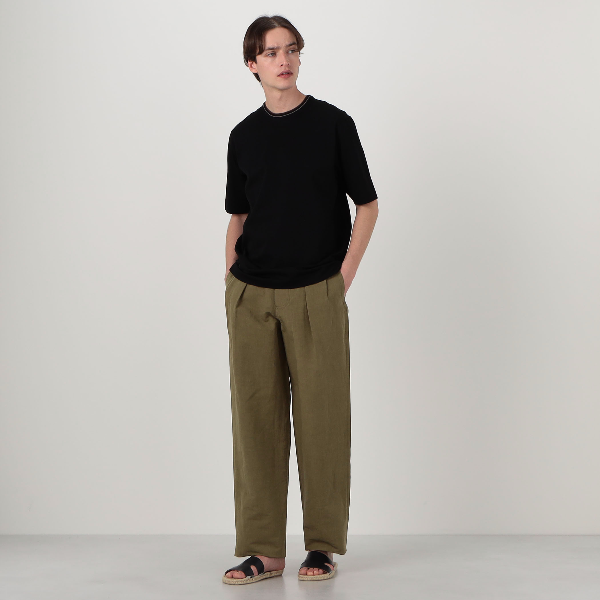 リネンコットン 2タック ペグトップテーパードパンツ
