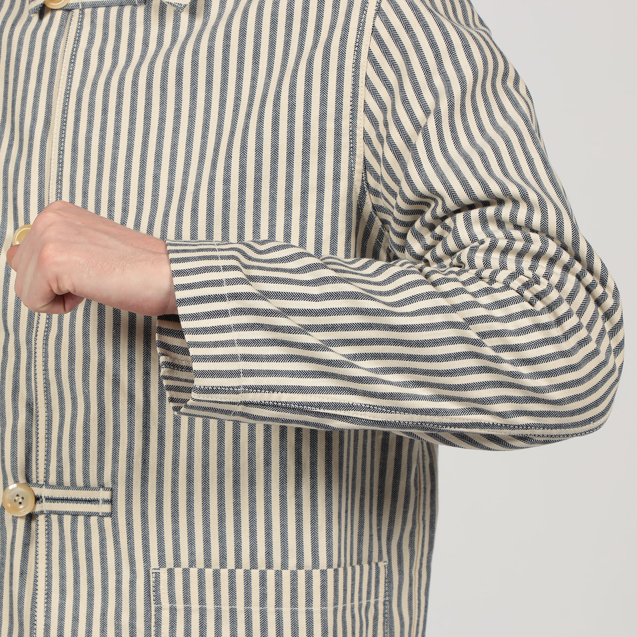 Drake's ブルー＆エクリュストライプ コットンリネン デッキチョア