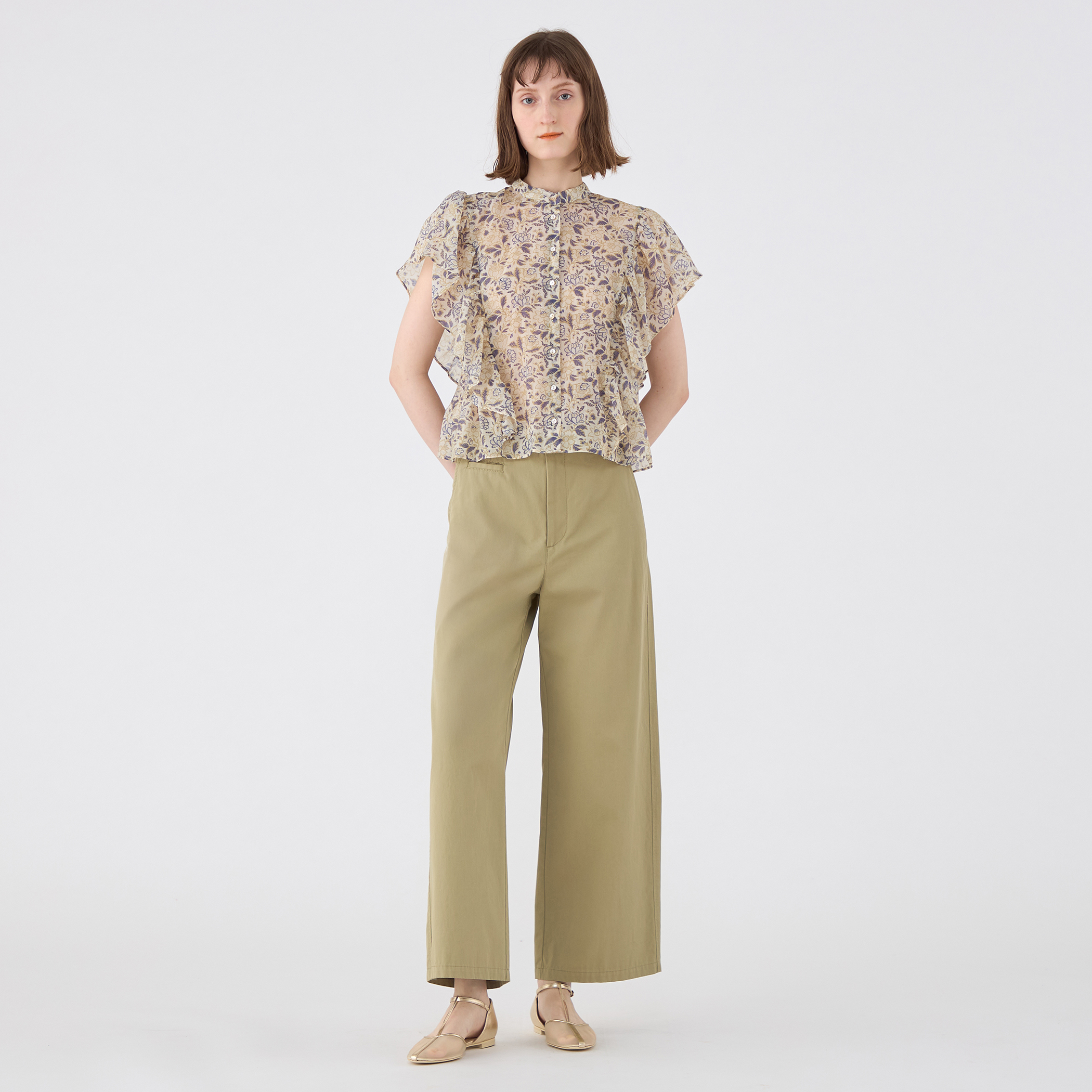 コットンポリエステルプリント バタフライスリーブブラウス