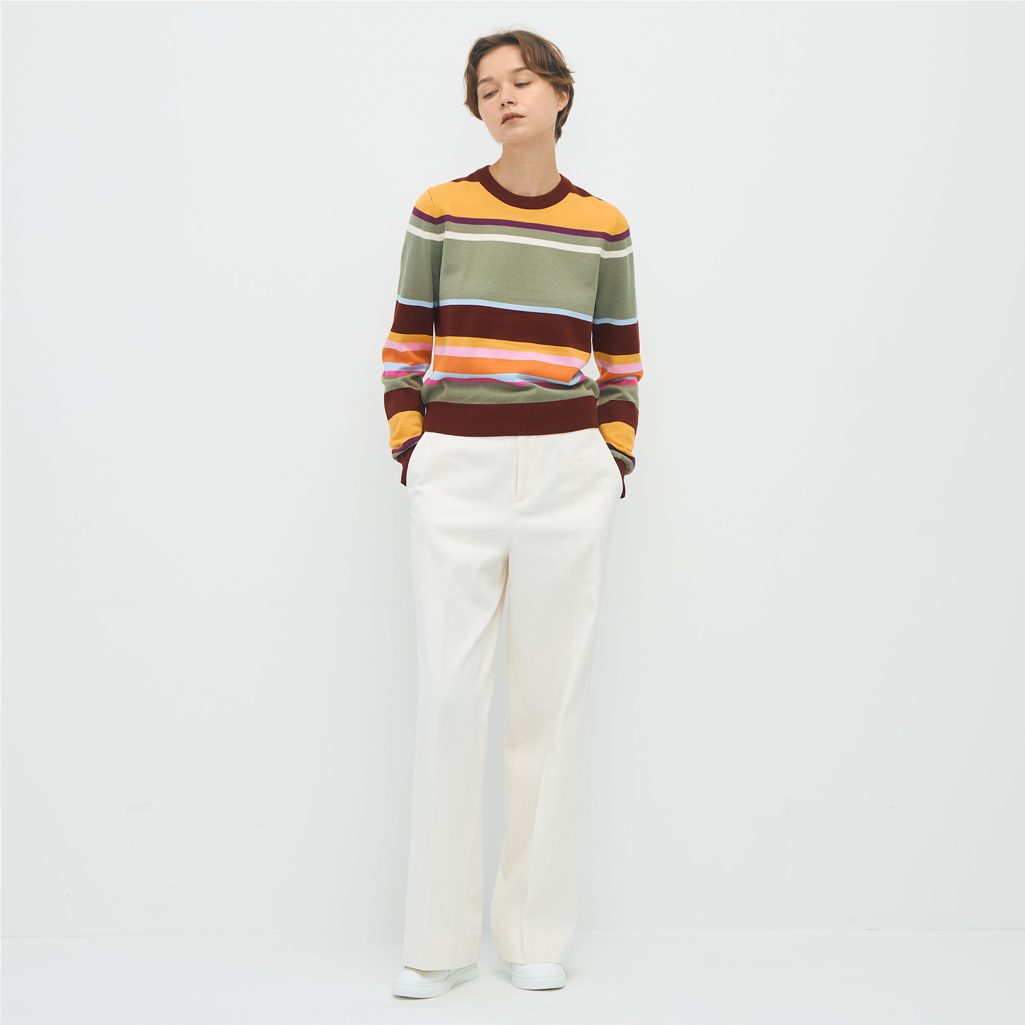 caban カシミヤ　ボーダーニット CABaN コットンカシミヤ マルチボーダークルーネックプル