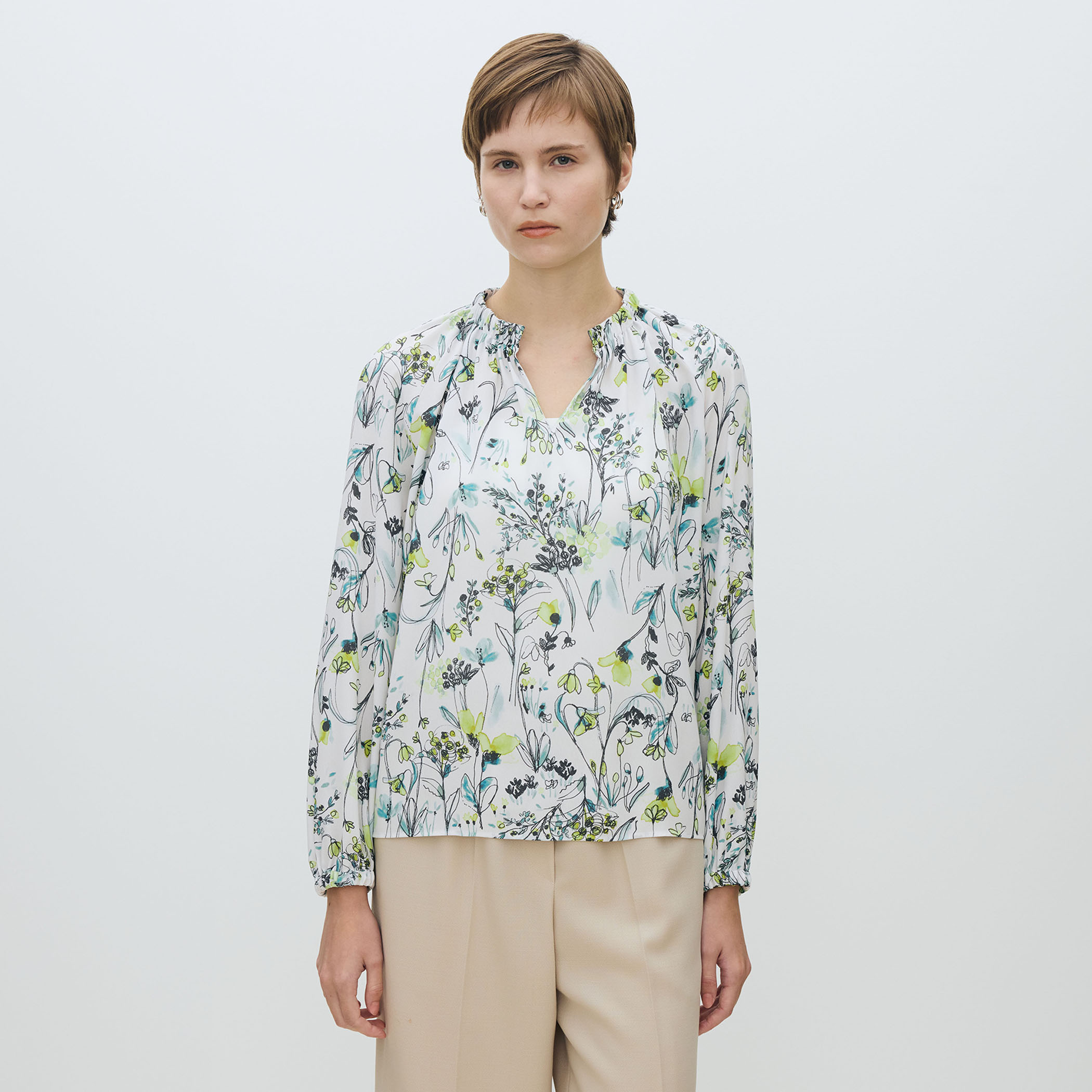 オーキッドフラワープリント ネックギャザーブラウス