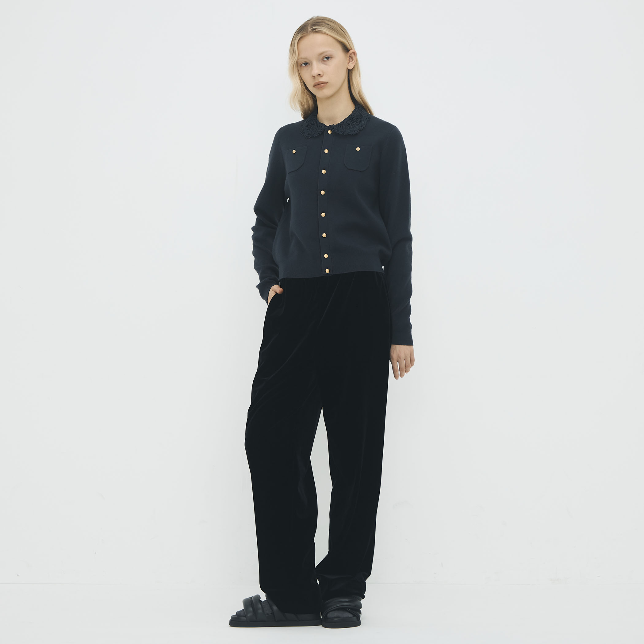 コットンカシミヤ レースコンビポケットカーディガン