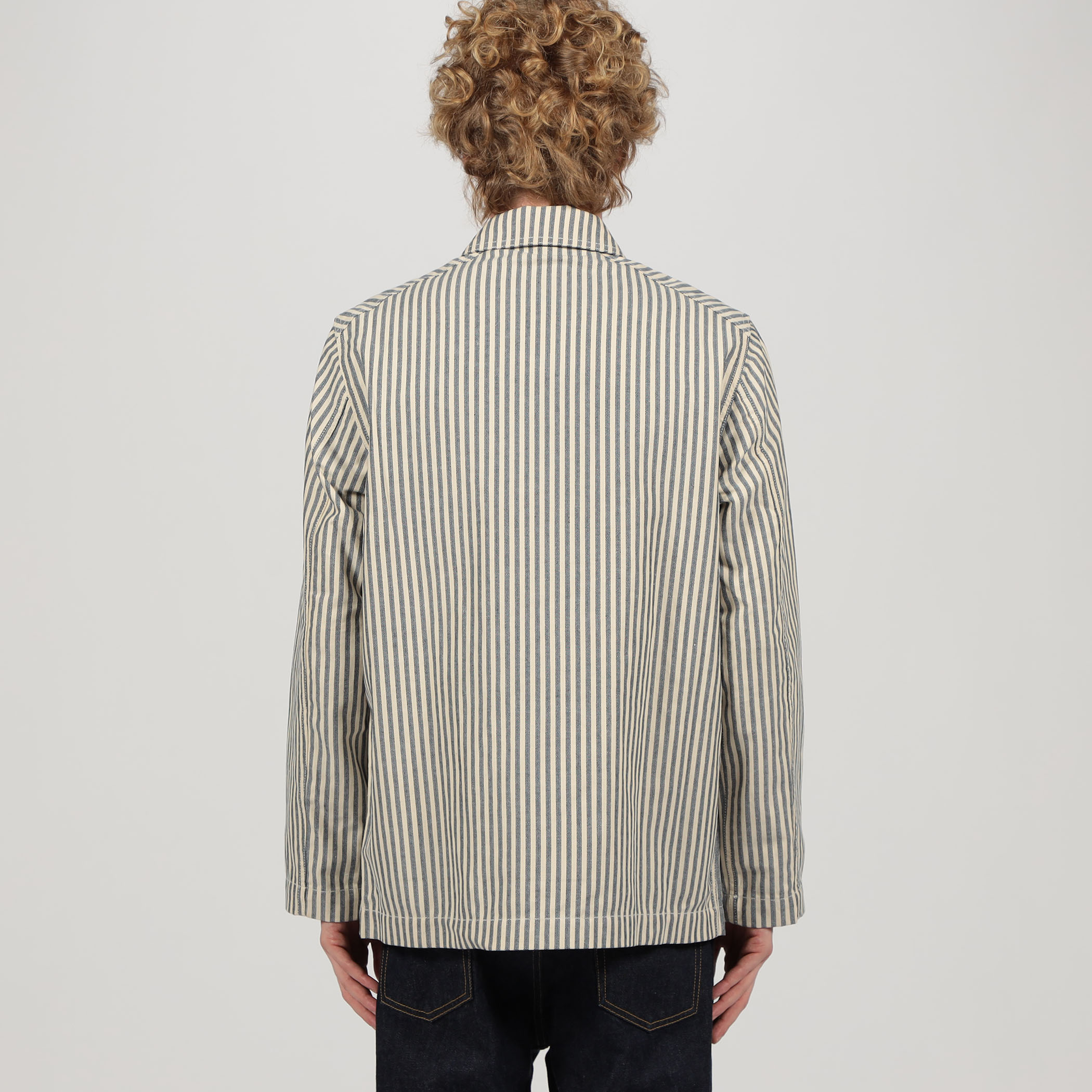 Drake's ブルー＆エクリュストライプ コットンリネン デッキチョア