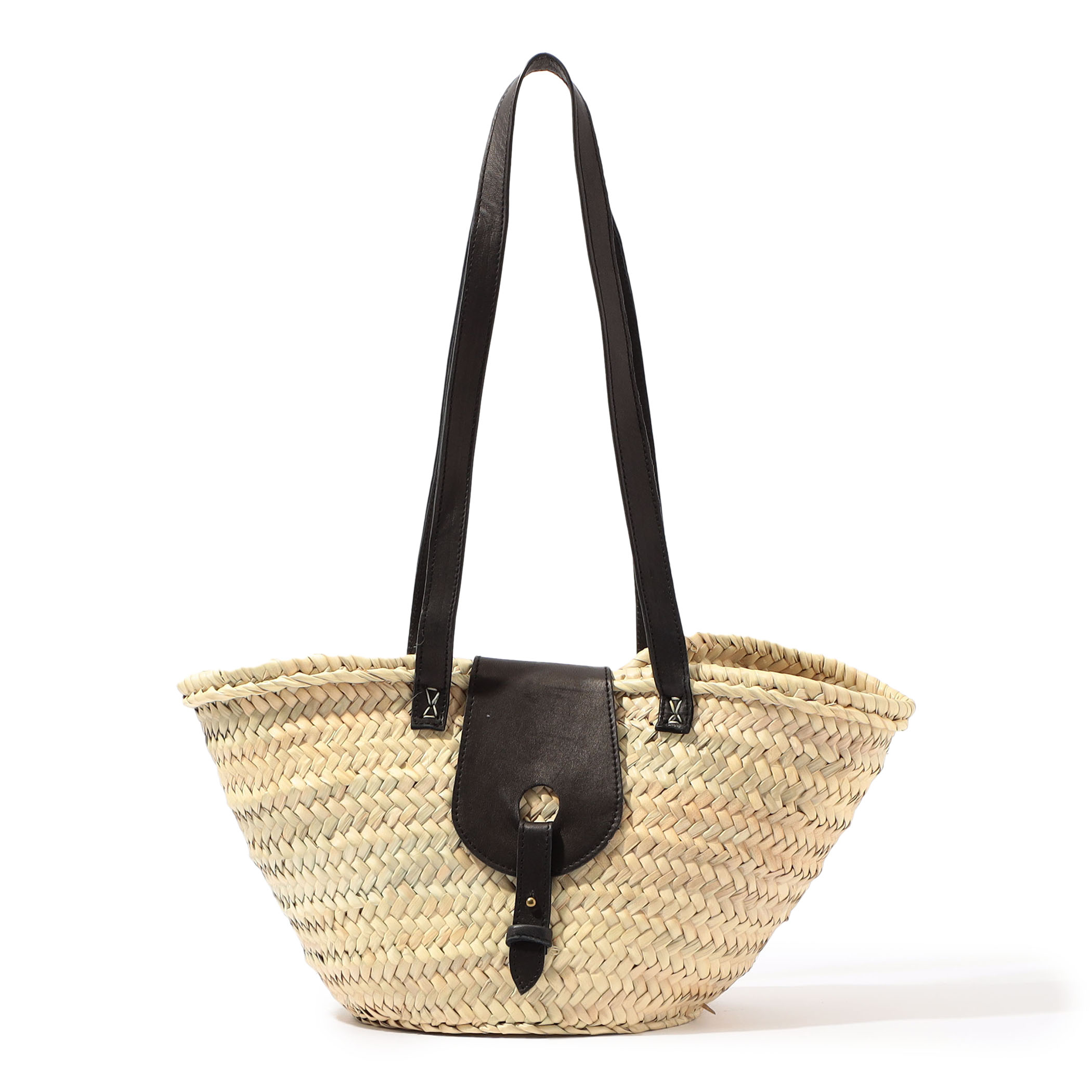 KECH LES ESSENTIELS RAFFIA FLAP SM レザーハンドルかごバッグ