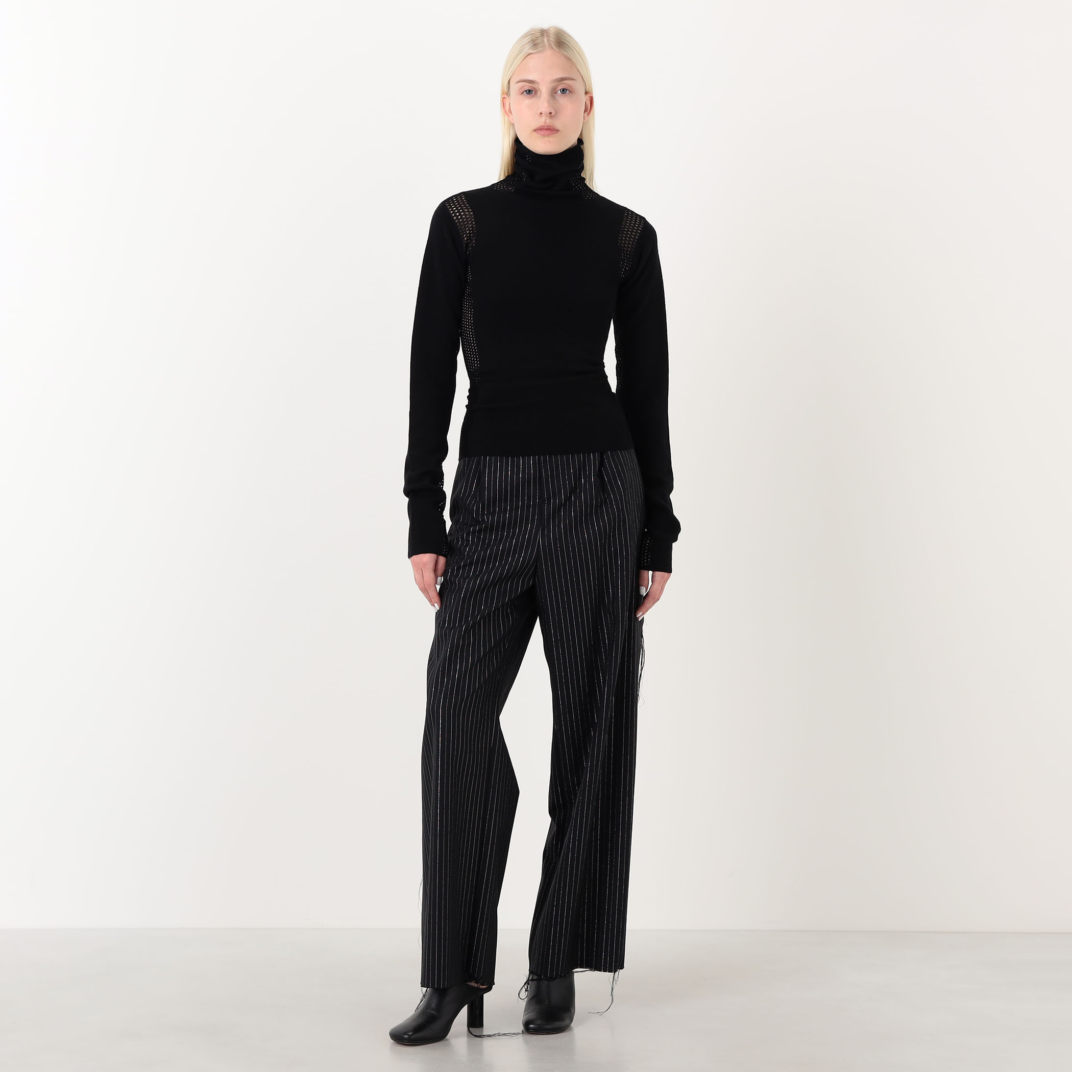 diotima Merino Mesh Stripe メッシュコンビ タートルネックニット